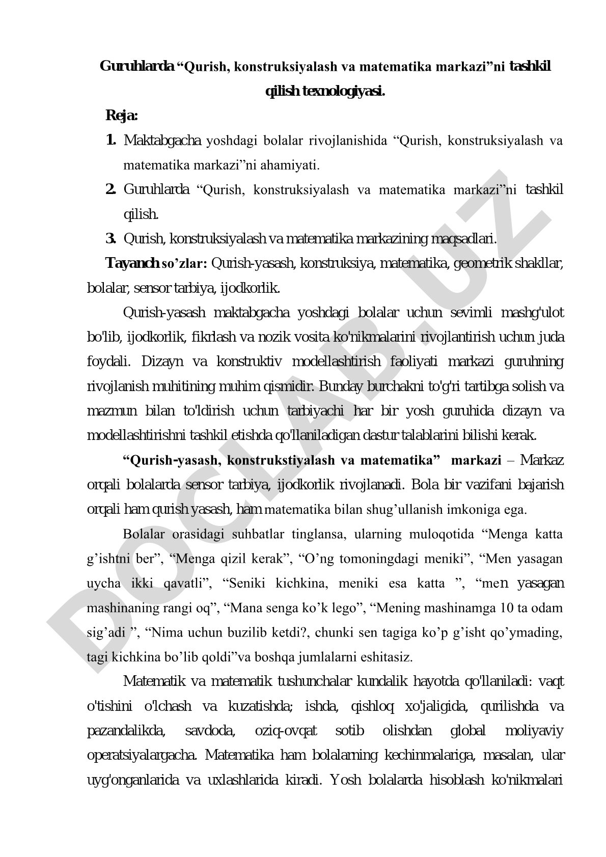 Guruhlarda Qurish, konstruksiyalash va matematika markazini tashkil qilish texnologiyasi