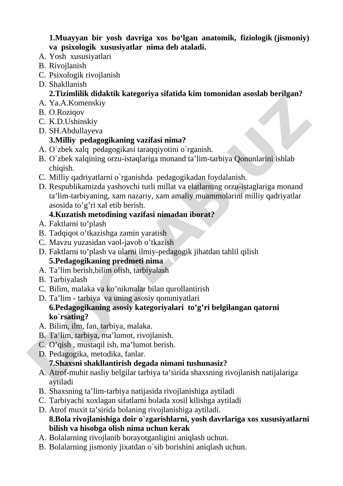 Pedagogika fanidan test savollari