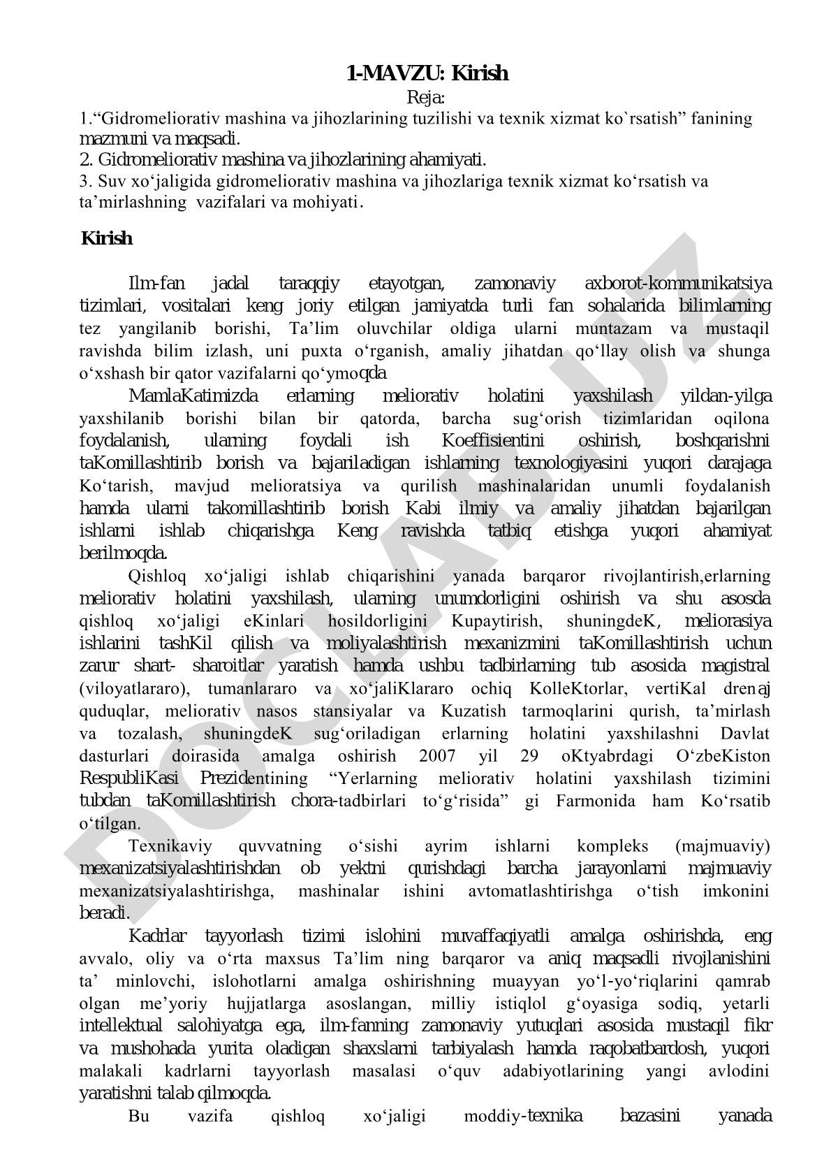 Gidromeliorativ mashina va jihozlarining tuzilishi va texnik xizmat ko'rsatish