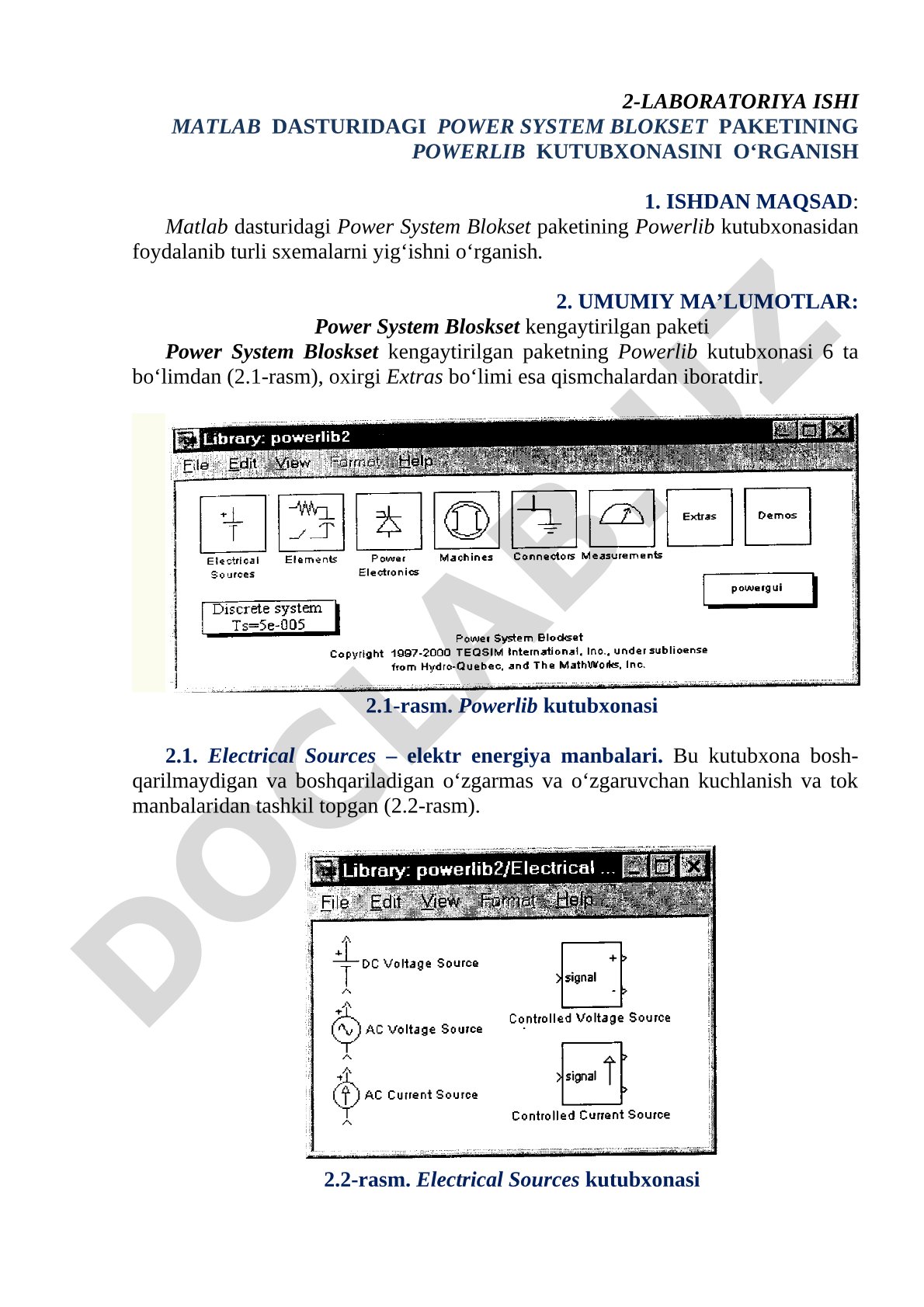 MATLAB dasturidagi Power System Blokset paketining Powerlib kutubxonasini o‘rganish