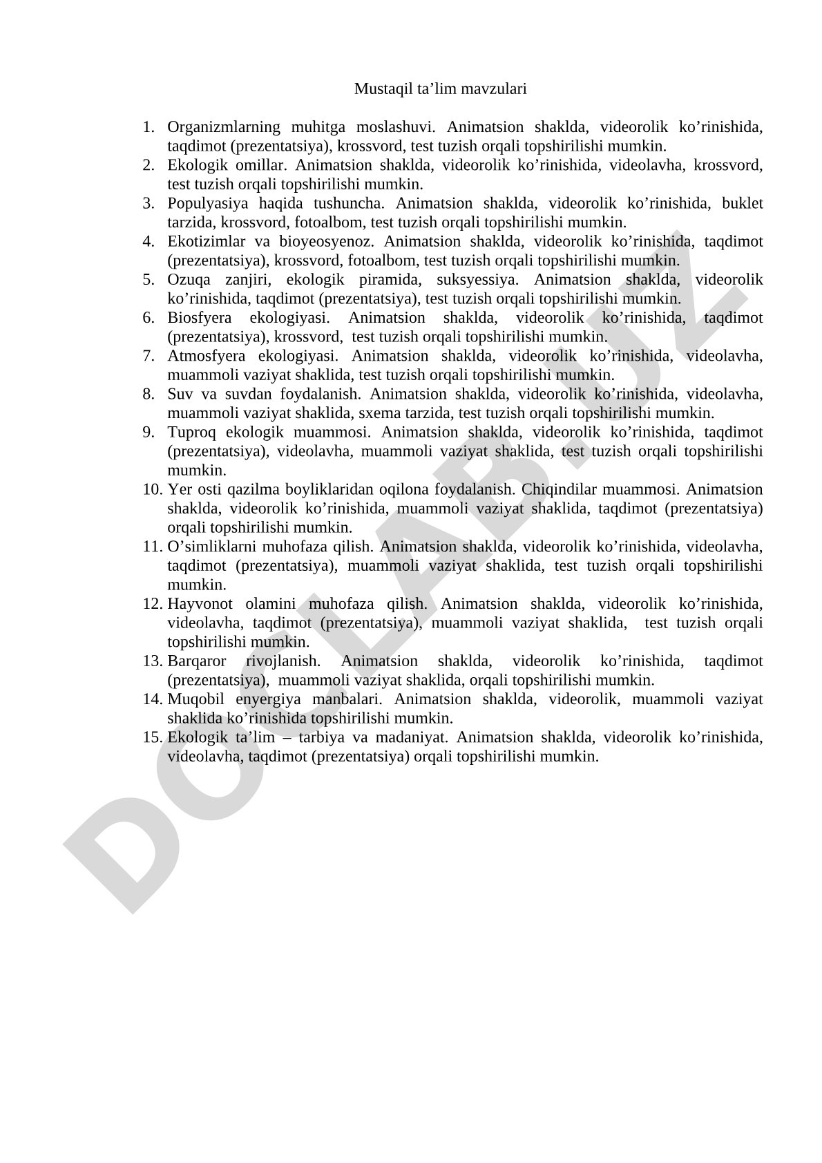 Ekologiya fanidan mustaqil ta'lim mavzulari