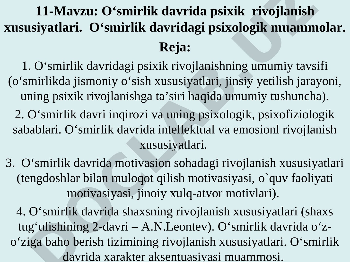 O‘smirlik davrida psixik rivojlanish xususiyatlari