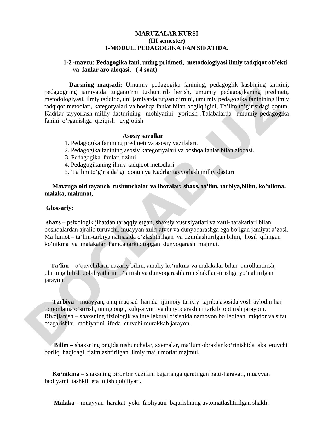Pedagogika fani, uning pridmeti, metodologiyasi ilmiy tadqiqot ob’ekti va fanlar aro aloqasi