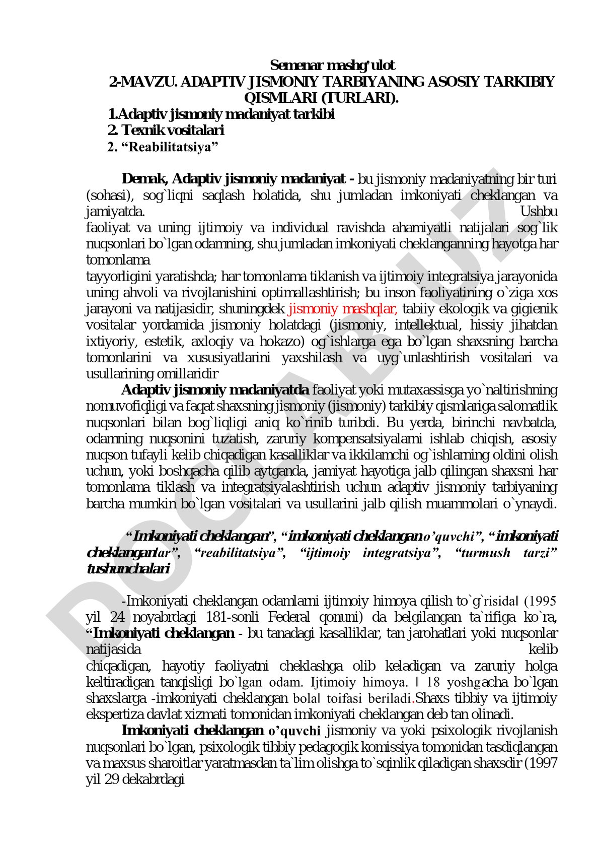 Adaptiv jismoniy tarbiyaning asosiy tarkibiy qismlari (turlari)