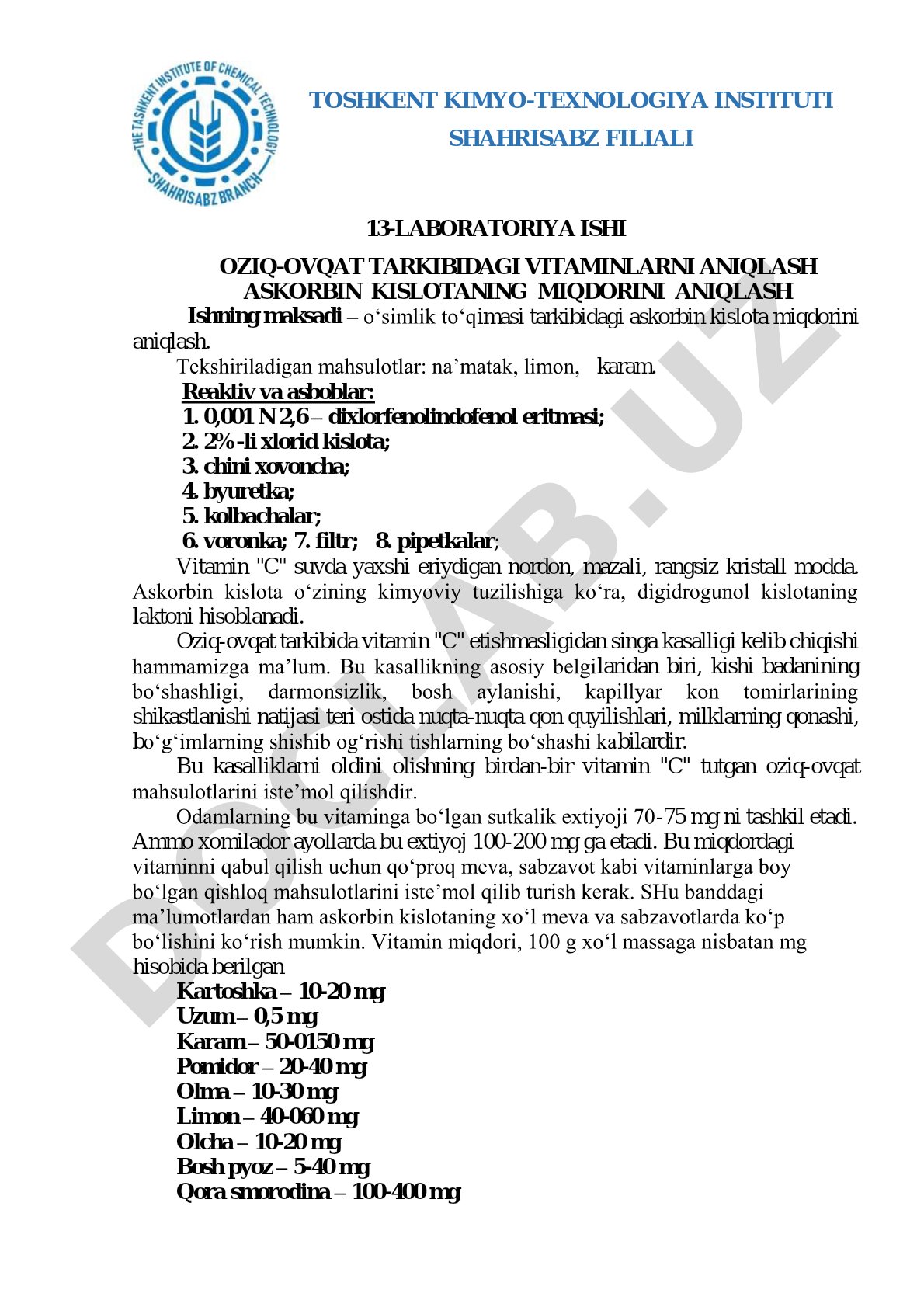 Oziq-ovqat tarkibidagi askorbin kislota miqdorini aniqlash