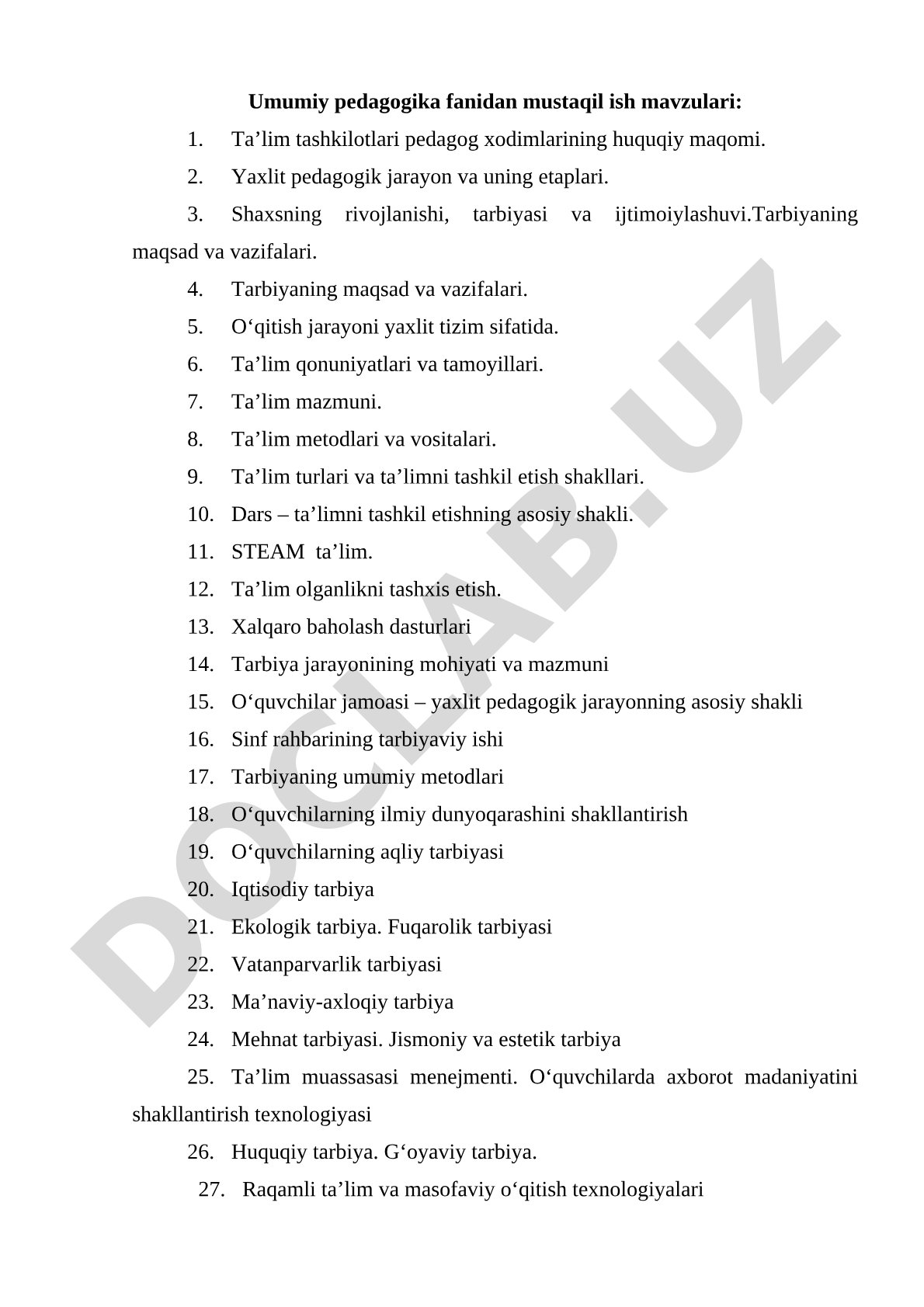 Umumiy pedagogika fanidan mustaqil ish mavzulari