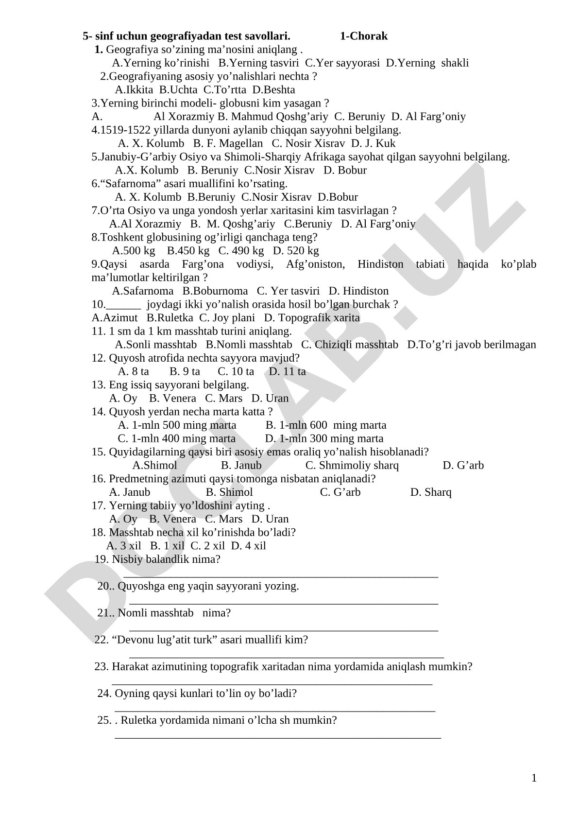 5- sinf uchun geografiyadan test savollari 1-Chorak