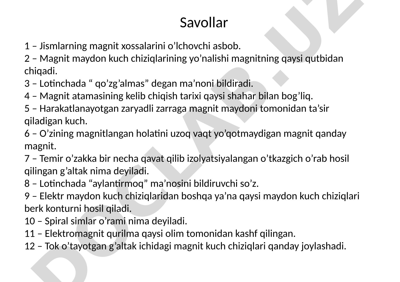 Jismlarning magnit xossalari bo'yicha krossvord