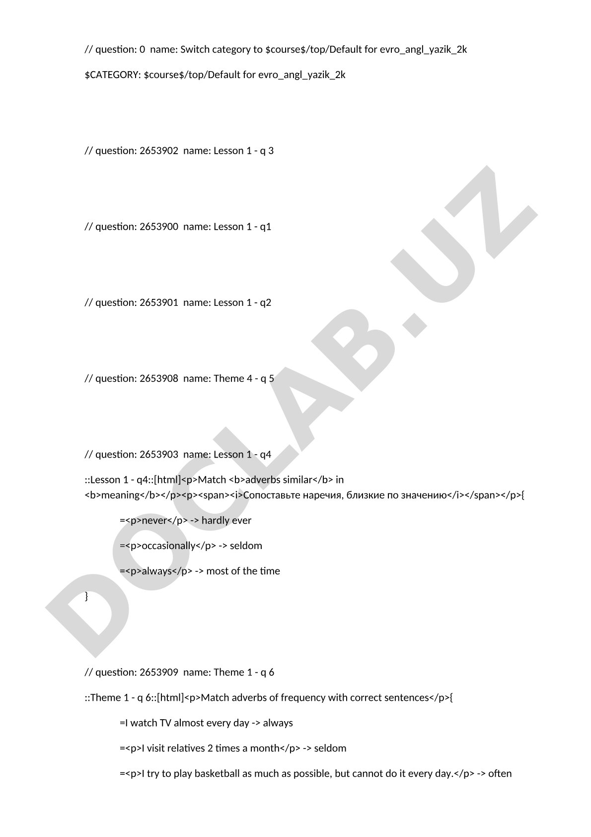 English language quiz questions on adverbs and phrases