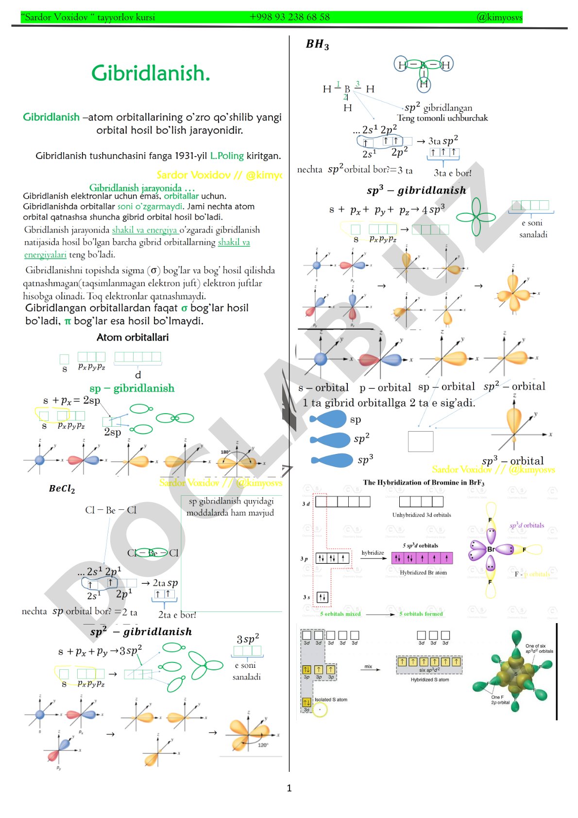 Atom orbitallarining gibridlanishi bo'yicha savollar