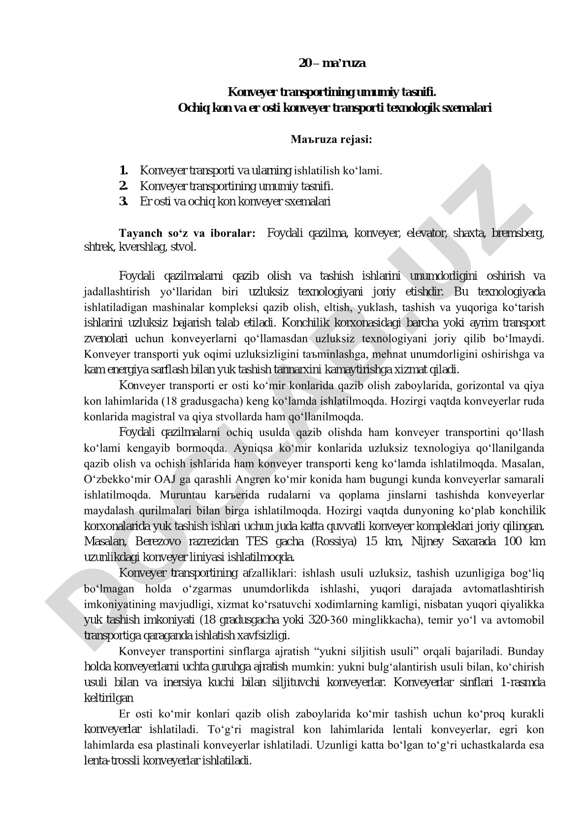 Konveyer transportining umumiy tasnifi, ochiq kon va er osti sxemalari