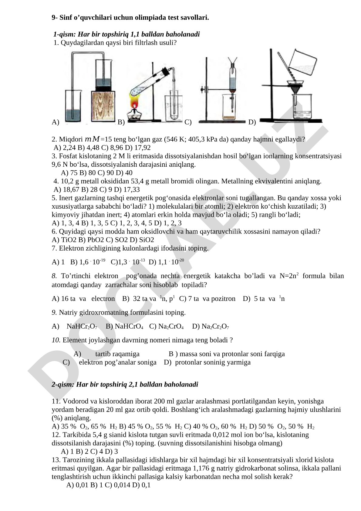 9- Sinf o’quvchilari uchun olimpiada test savollari. 1-qism: