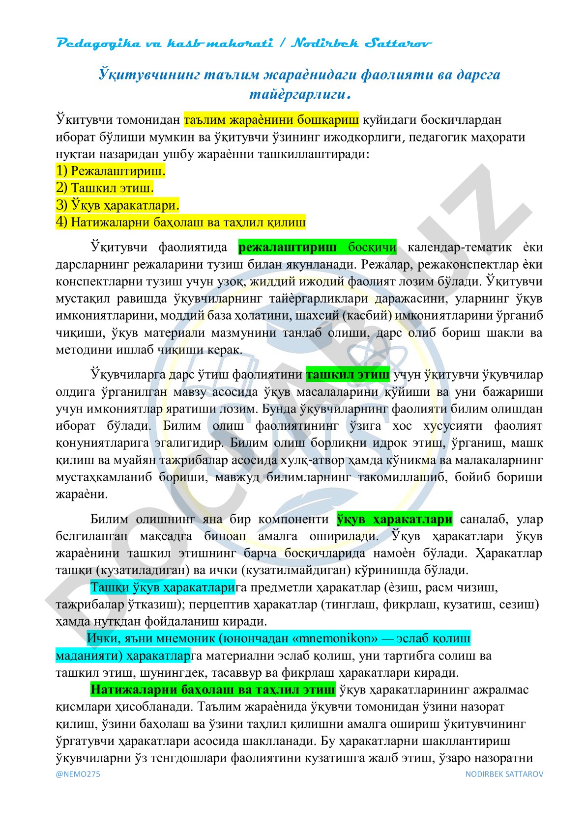 Ўқитувчининг таълим жараѐнидаги фаолияти ва дарсга тайѐргарлиги