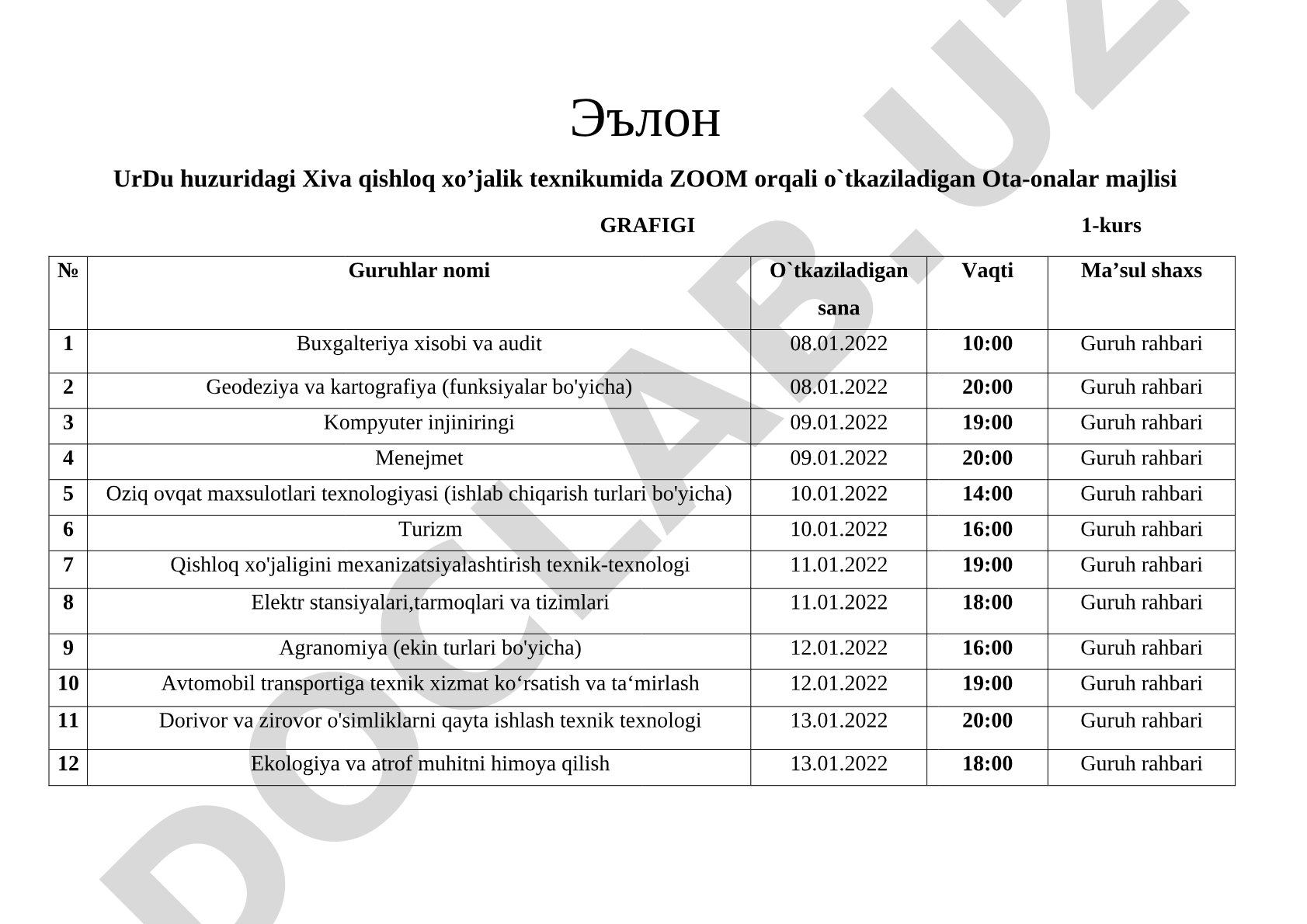 Xiva qishloq xo'jalik texnikumida ota-onalar majlisi grafigi