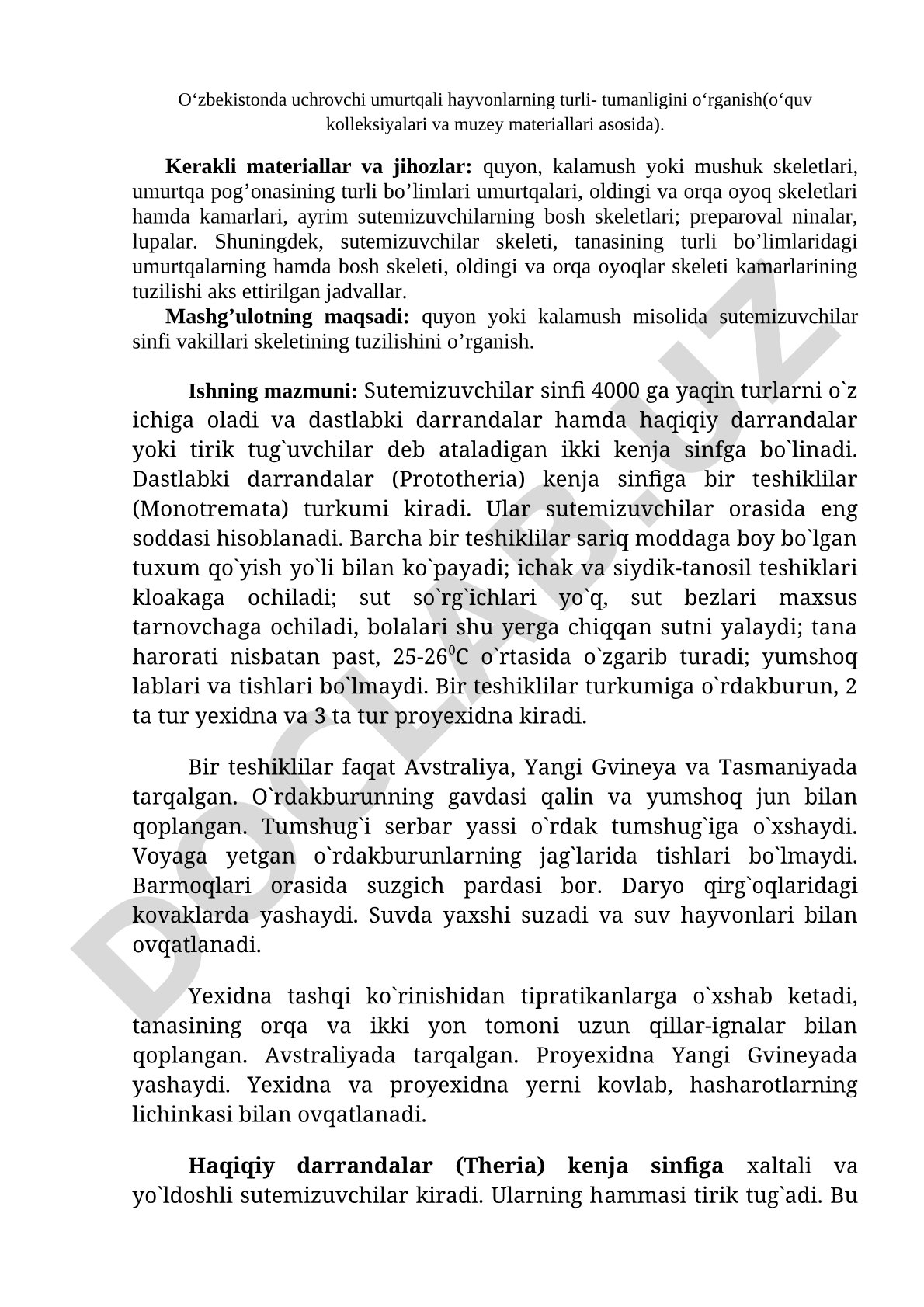 O‘zbekistonda uchrovchi umurtqali hayvonlarning turli-tumanligini o‘rganish (o‘quv kolleksiyalari va muzey materiallari asosida)