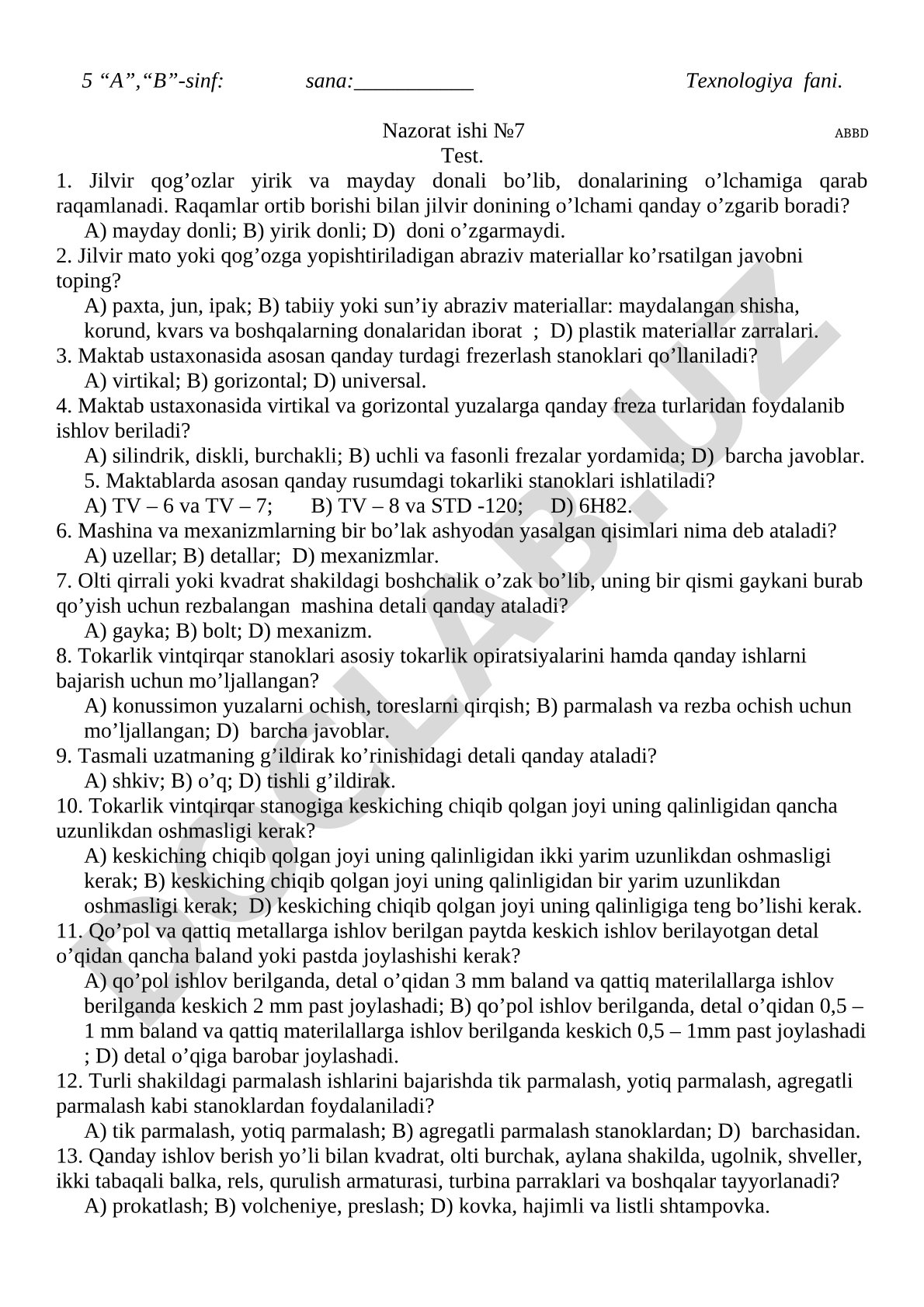 Texnologiya fanidan nazorat ishi №7 test savollari