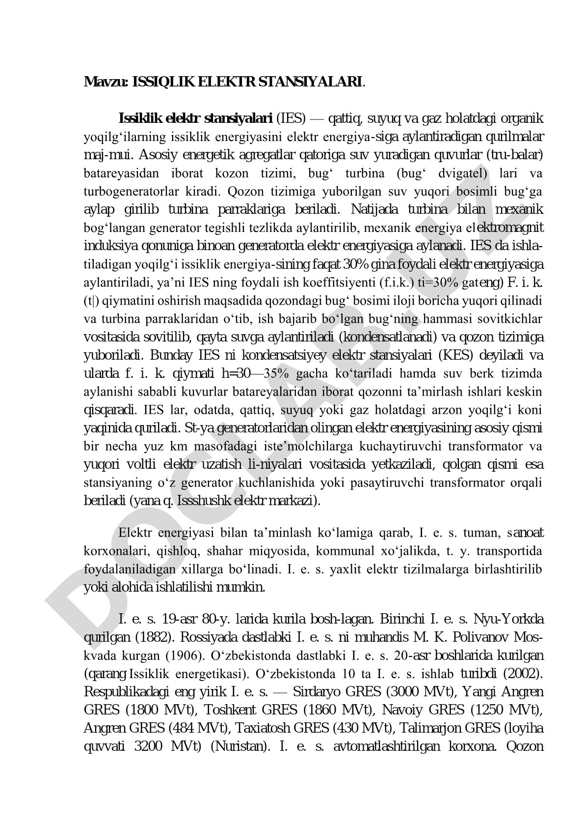 Issiqlik elektr stansiyalari (IES) haqida umumiy ma'lumot, ishlash prinsipi va f.i.k