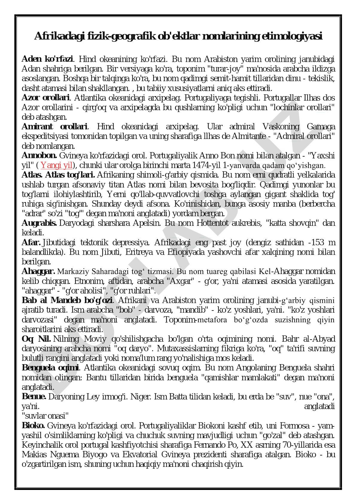 Afrikadagi fizik-geografik ob'ektlar nomlarining etimologiyasi