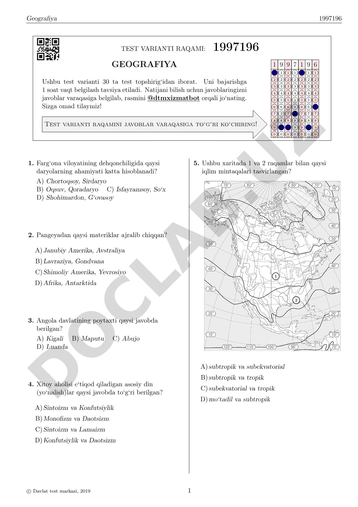 Geografiyadan 30 ta test topshirig‘idan iborat test varianti