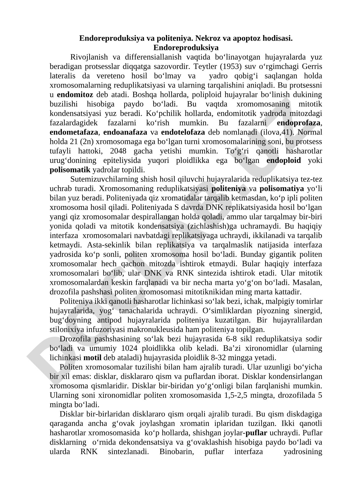 Endoreproduksiya va politeniya. Nekroz va apoptoz hodisasi