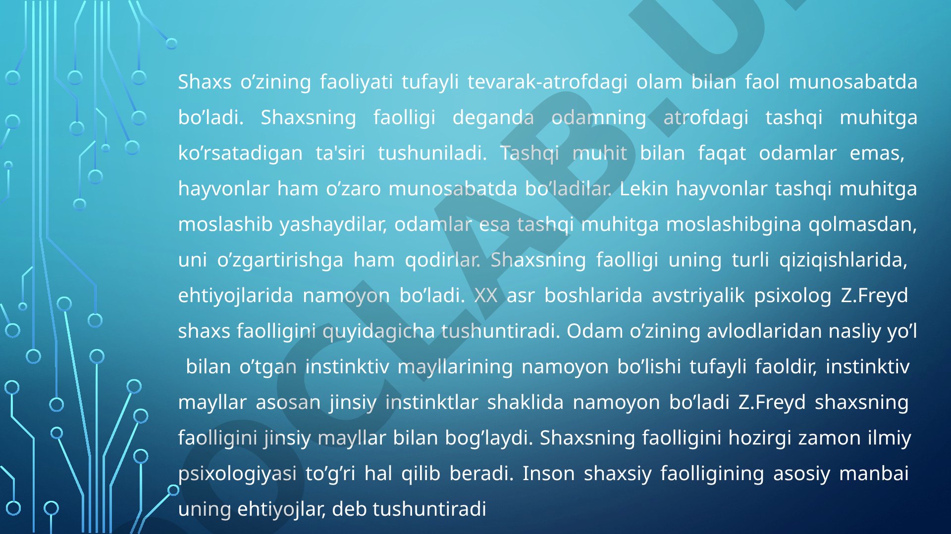 Shaxs faolligining manbalari, ehtiyojlar va Freyd nazariyasi haqida