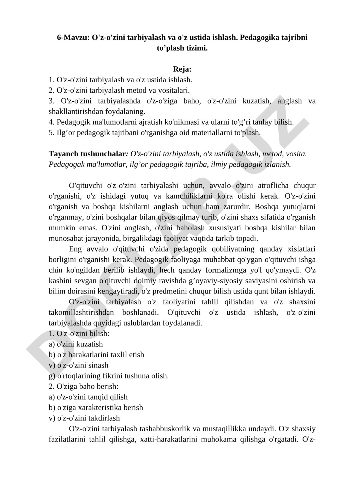 O'z-o'zini tarbiyalash va o'z ustida ishlash