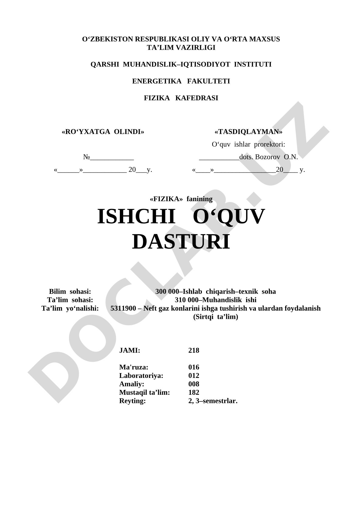 Fizika fanining ishchi o'quv dasturi