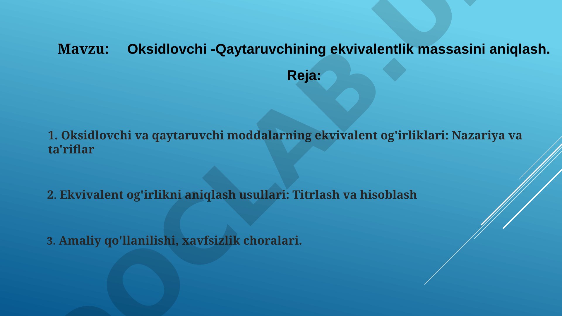 Oksidlovchi - Qaytaruvching ekvivalentlik massasini aniqlash