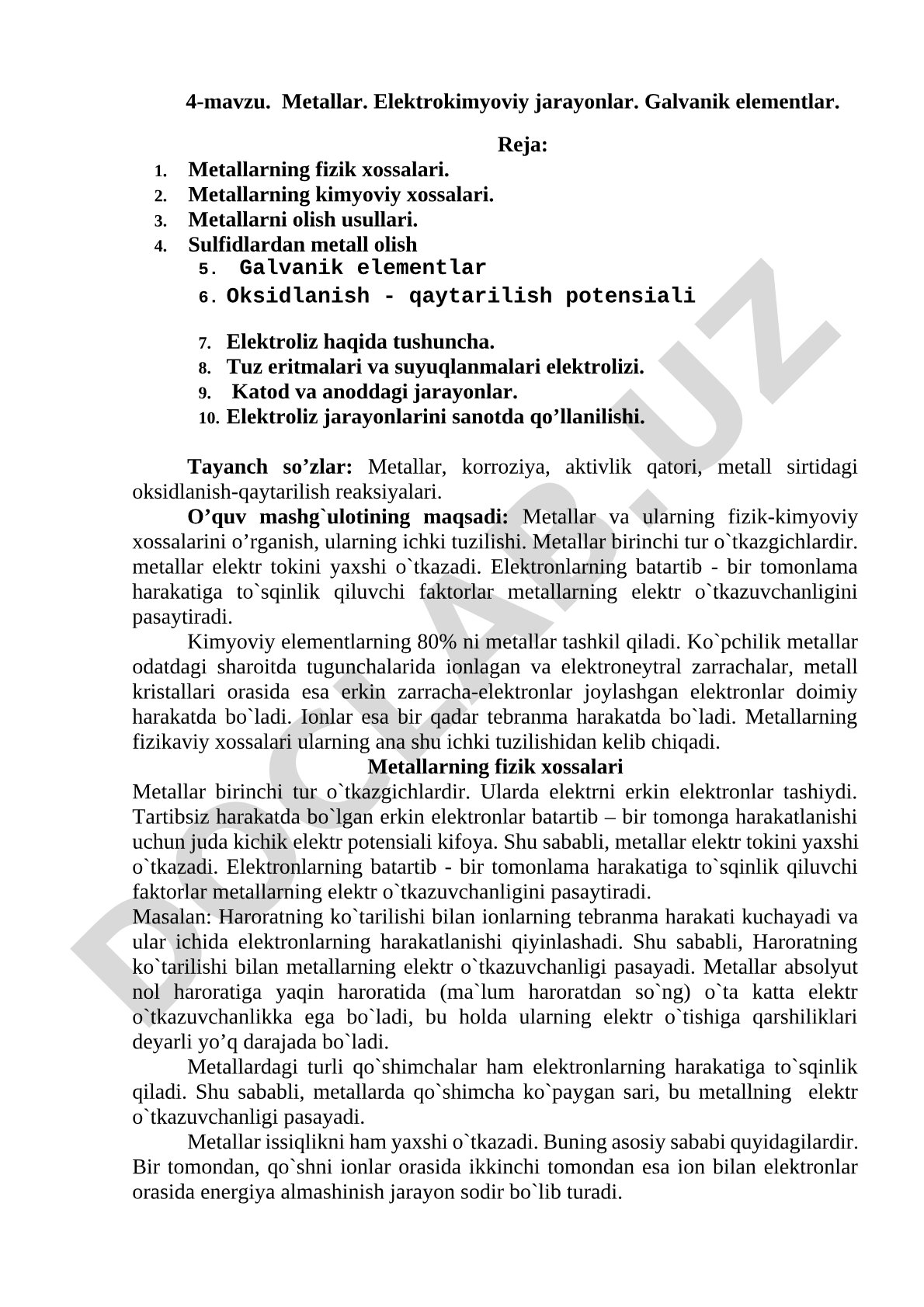Metallar. Elektrokimyoviy jarayonlar. Galvanik elementlar.