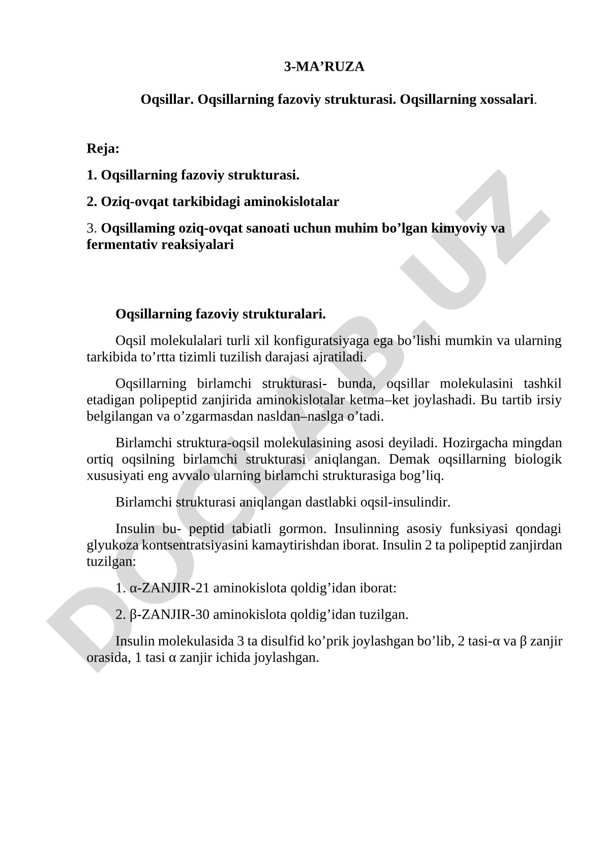 Oqsillarning fazoviy strukturasi va xossalari