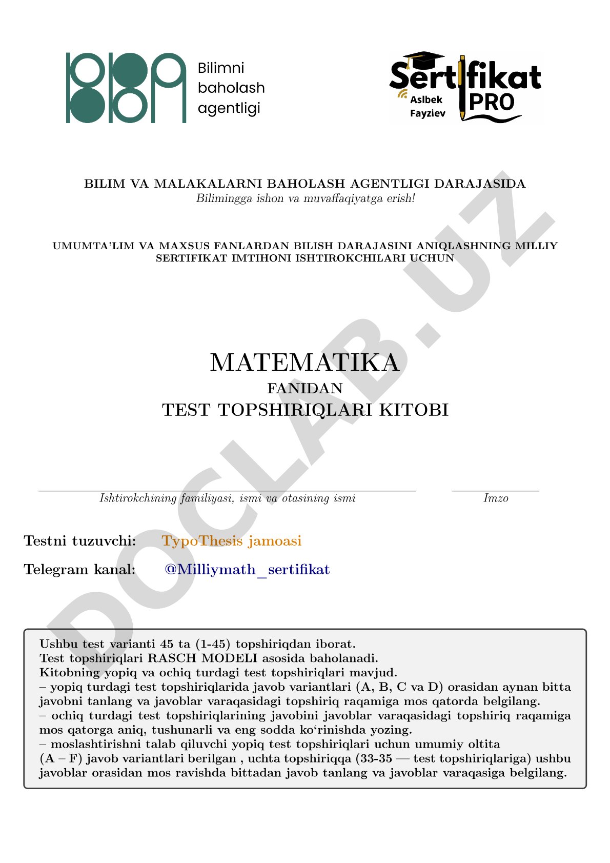 Matematika fanidan milliy sertifikat imtihoni test topshiriqlari