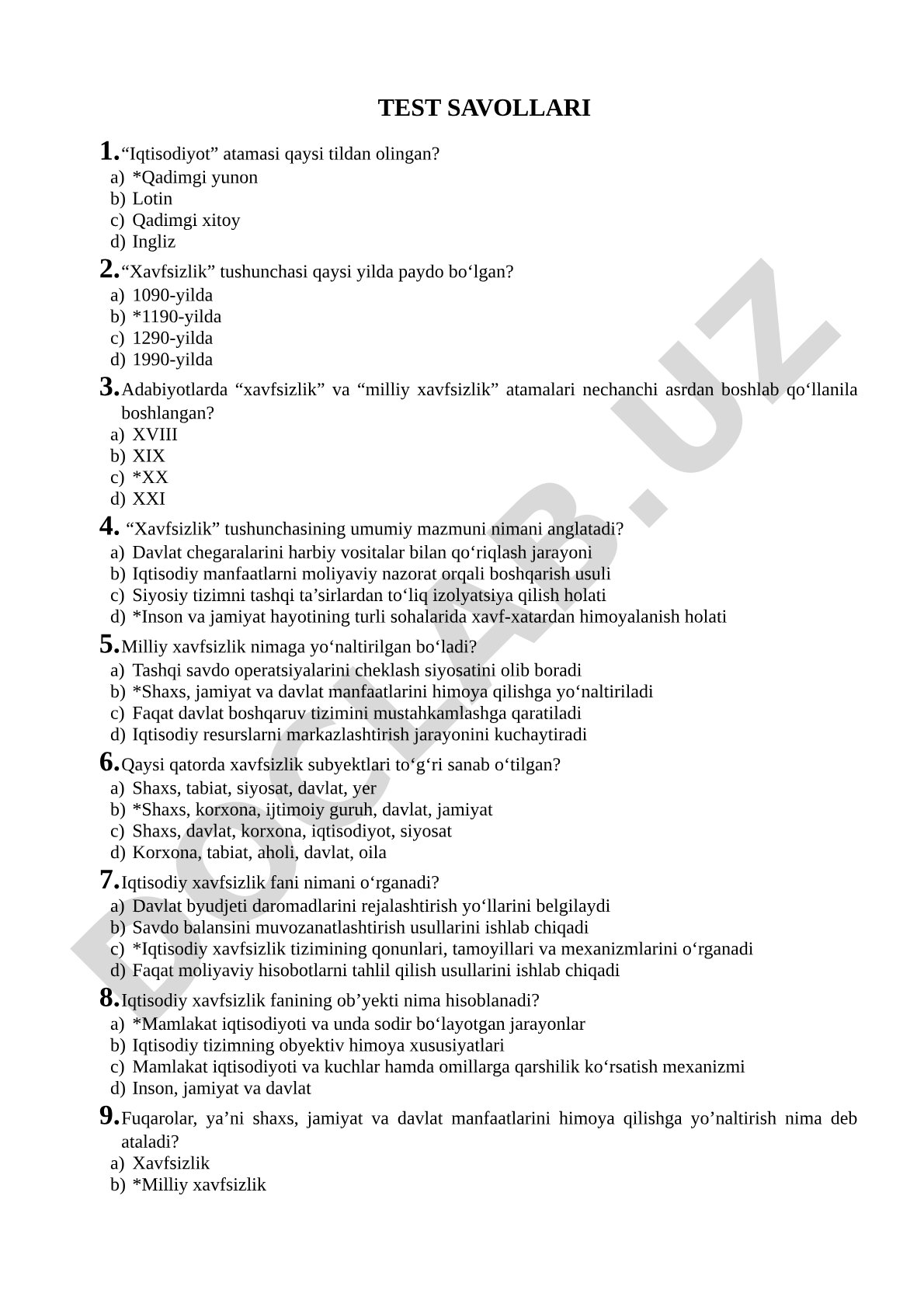Iqtisodiyot va xavfsizlik bo'yicha test savollari