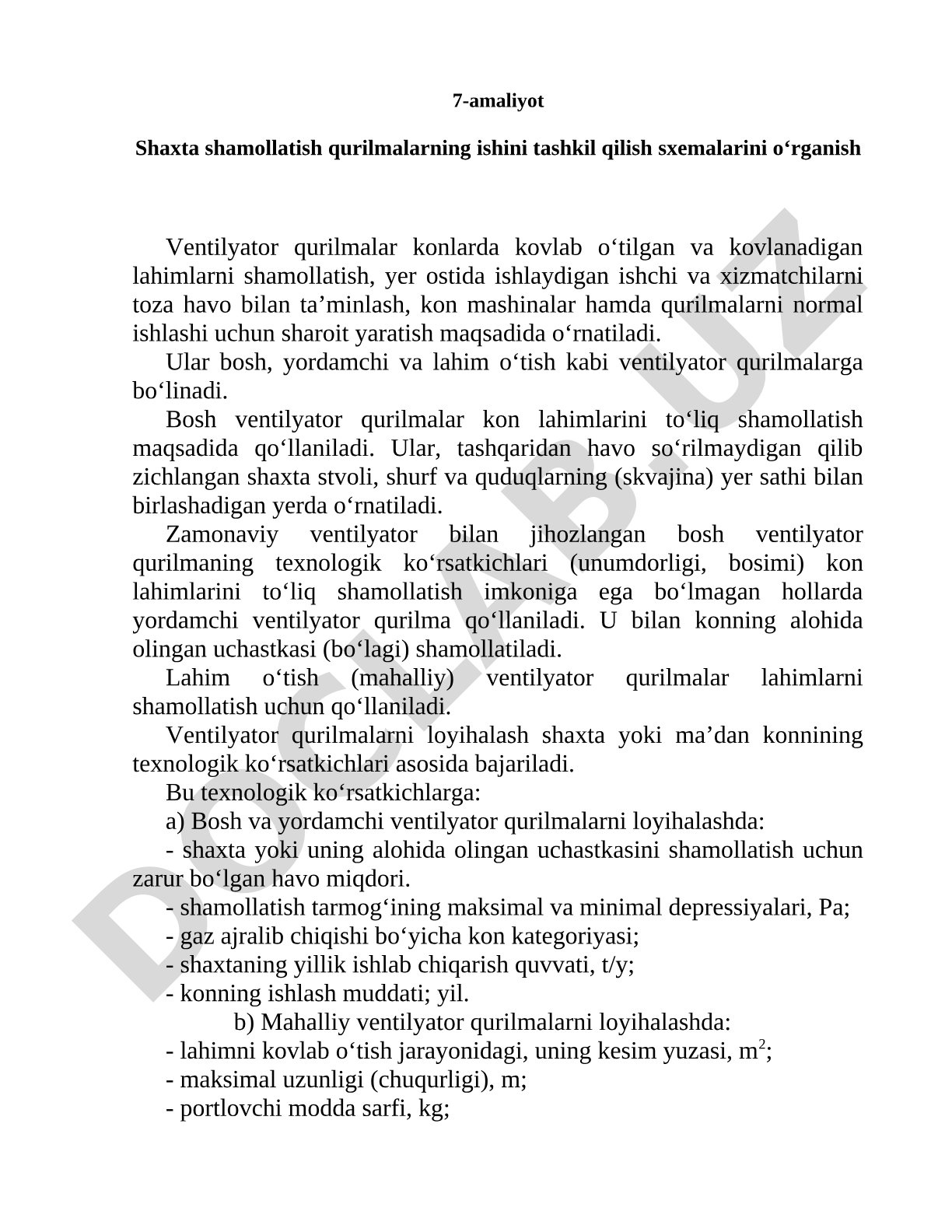 Shaxta shamollatish qurilmalarning ishini tashkil qilish sxemalarini o‘rganish