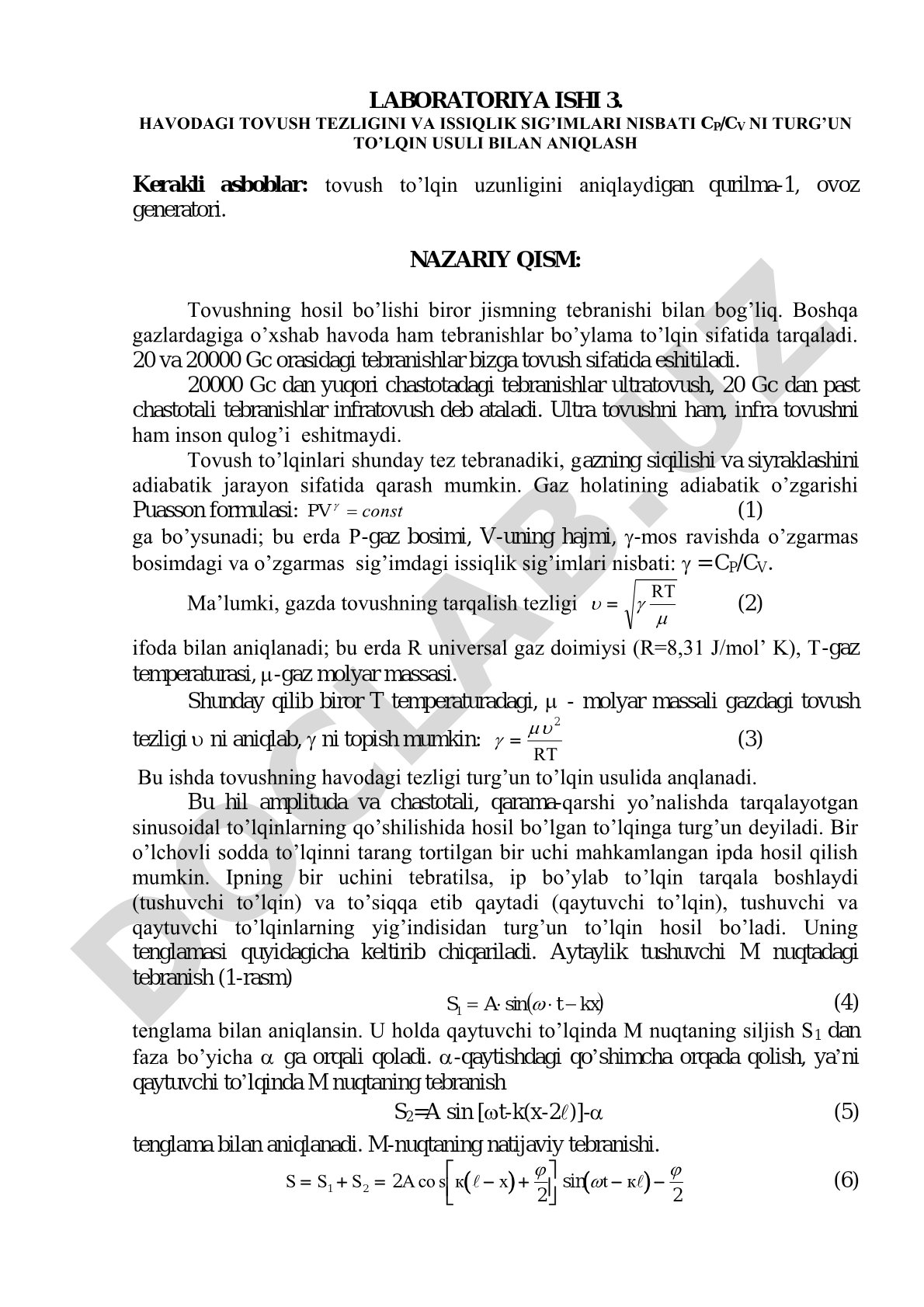 Havodagi tovush tezligini va issiqlik sig'imlari nisbatini turg'un to'lqin usuli bilan aniqlash