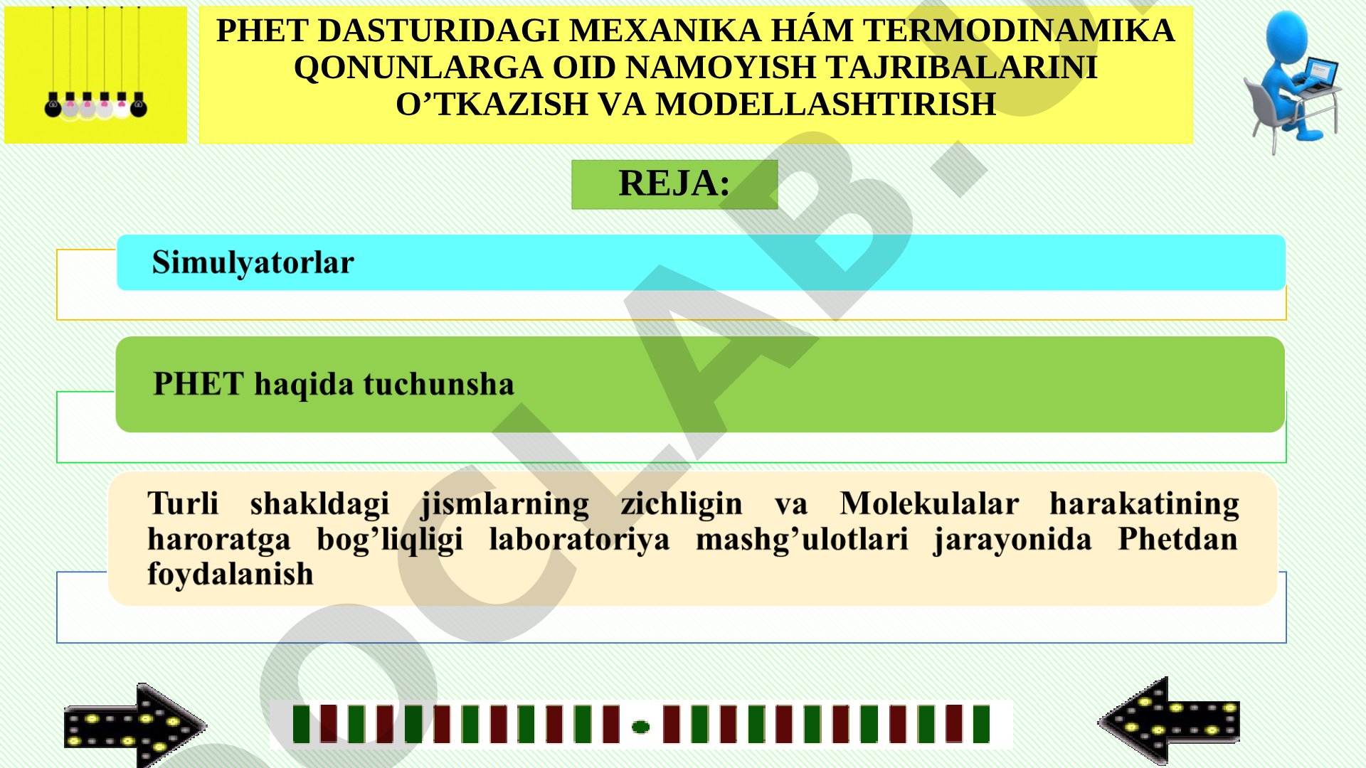 PhET dasturidagi mexanika hám termodinamika qonunlariga oid namoyish tajribalarini o’tkazish