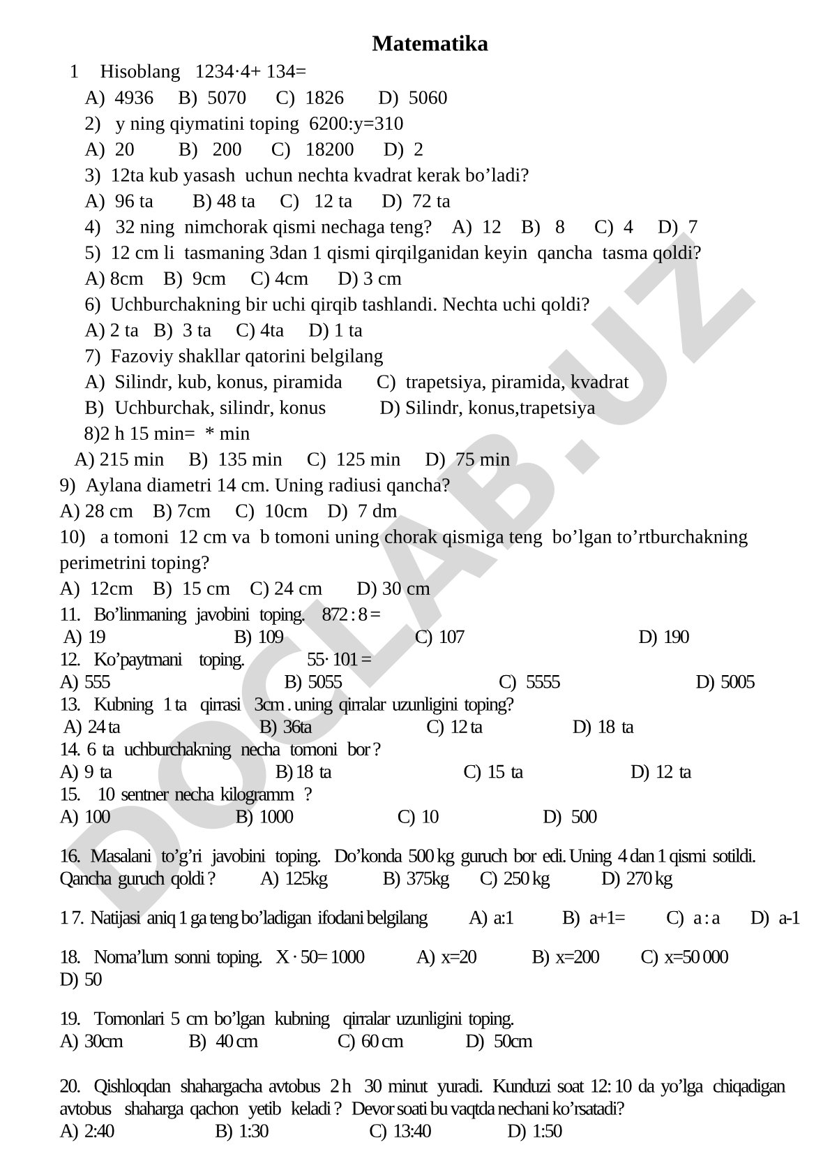 Matematika fanidan test savollari
