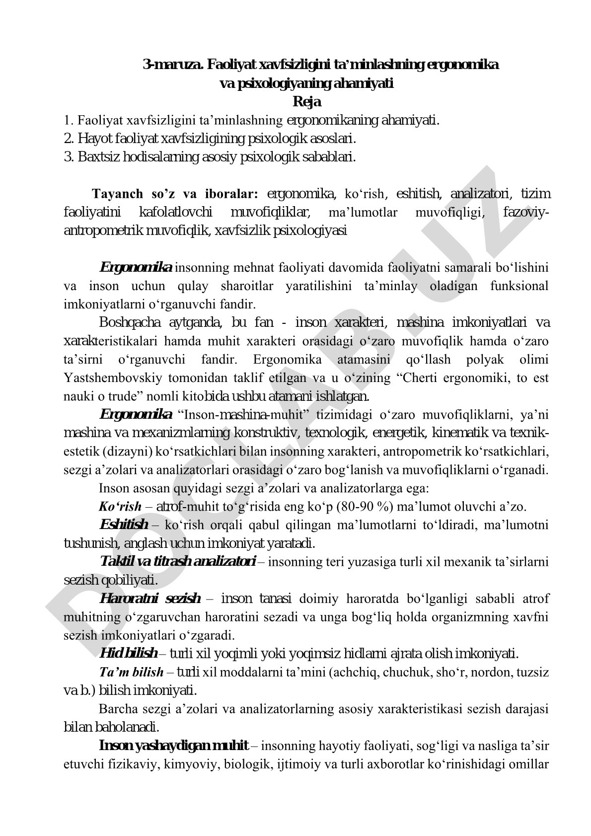 Faoliyat xavfsizligini ta’minlashning ergonomika va psixologiyaning ahamiyati
