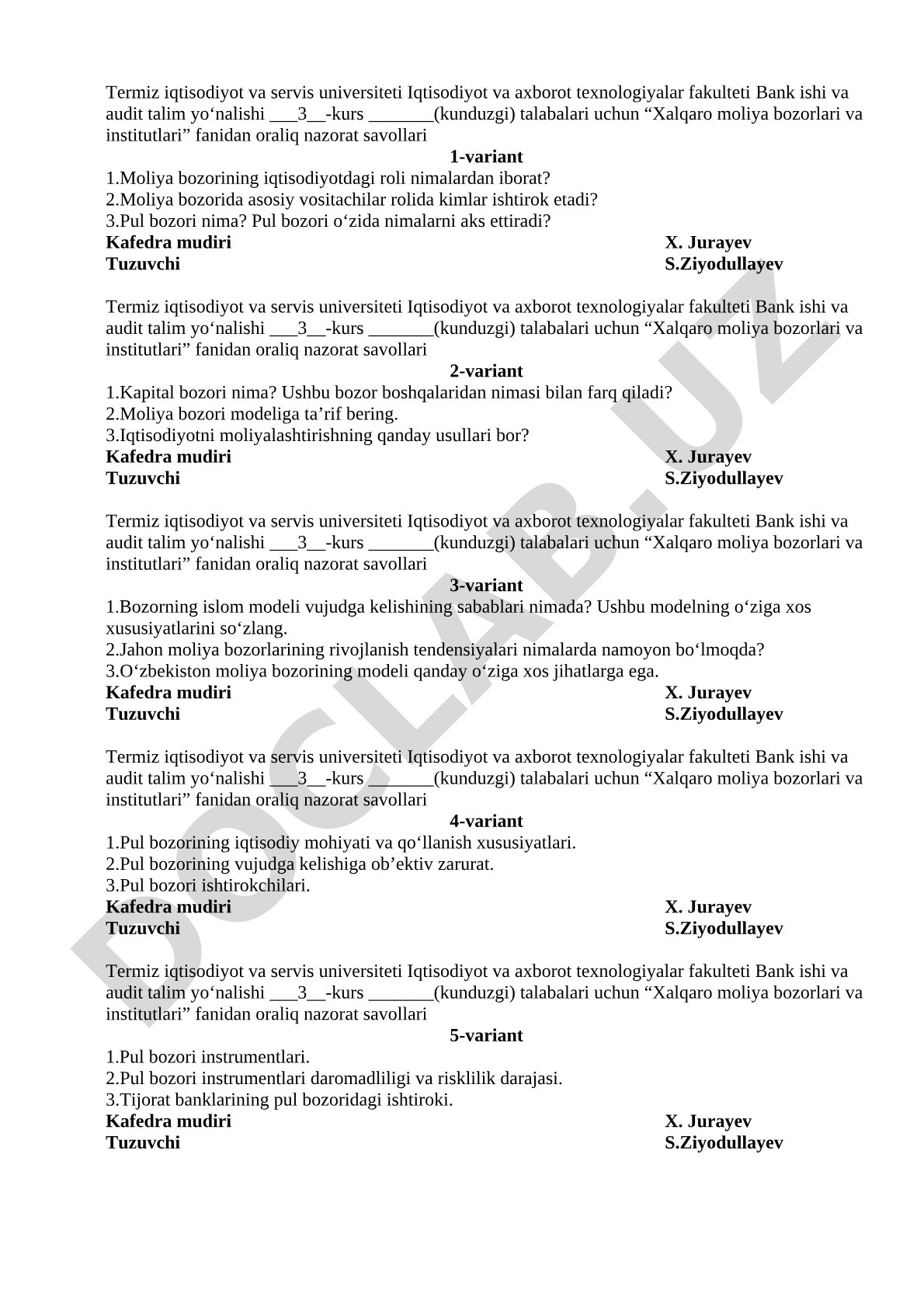 Xalqaro moliya bozorlari va institutlari fanidan oraliq nazorat savollari