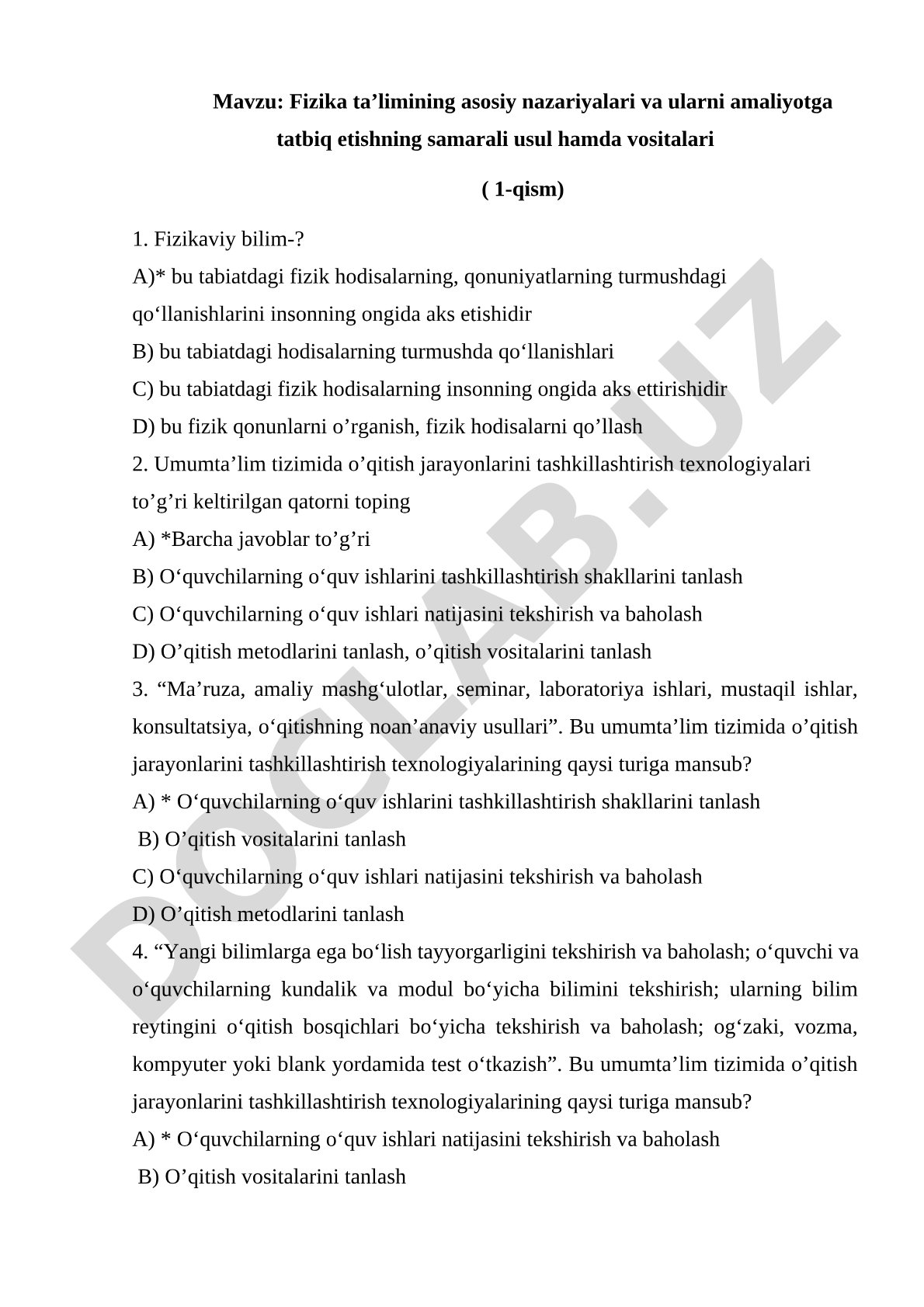 Fizika ta’limining asosiy nazariyalari va ularni amaliyotga tatbiq etishning samarali usul hamda vositalari ( 1-qism)