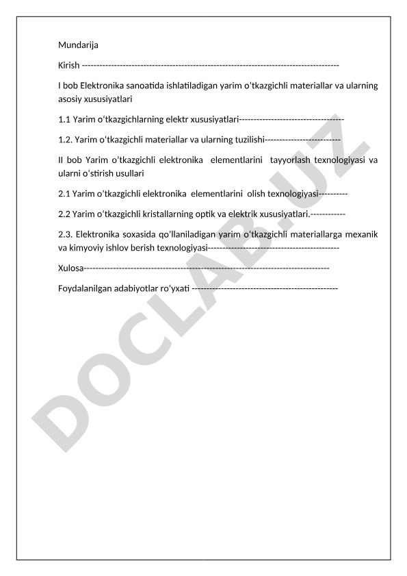 Yarim o'tkazgichli materiallar va elektronika elementlarini tayyorlash texnologiyasi