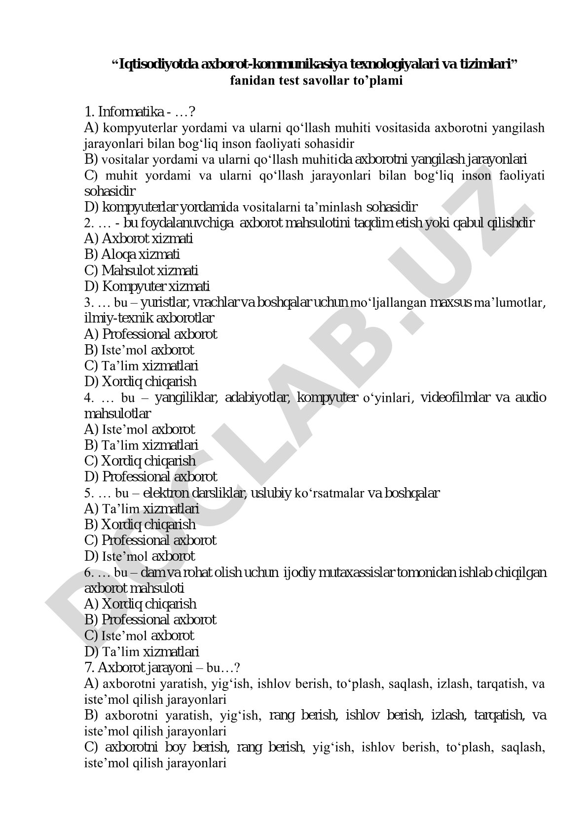 Iqtisodiyotda axborot-kommunikasiya texnologiyalari va tizimlari fanidan test savollar to'plami