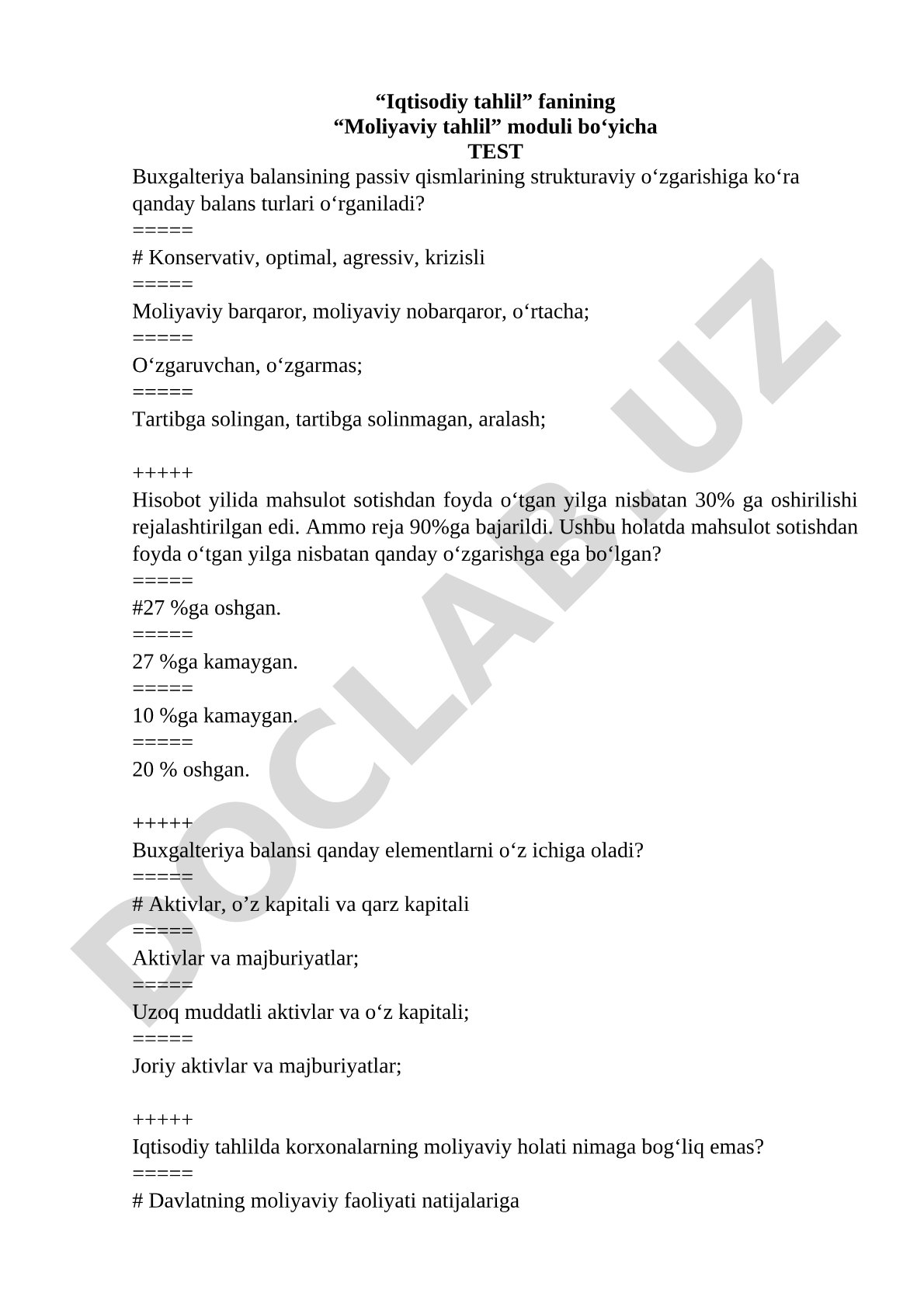 Moliyaviy tahlil moduli test savollari