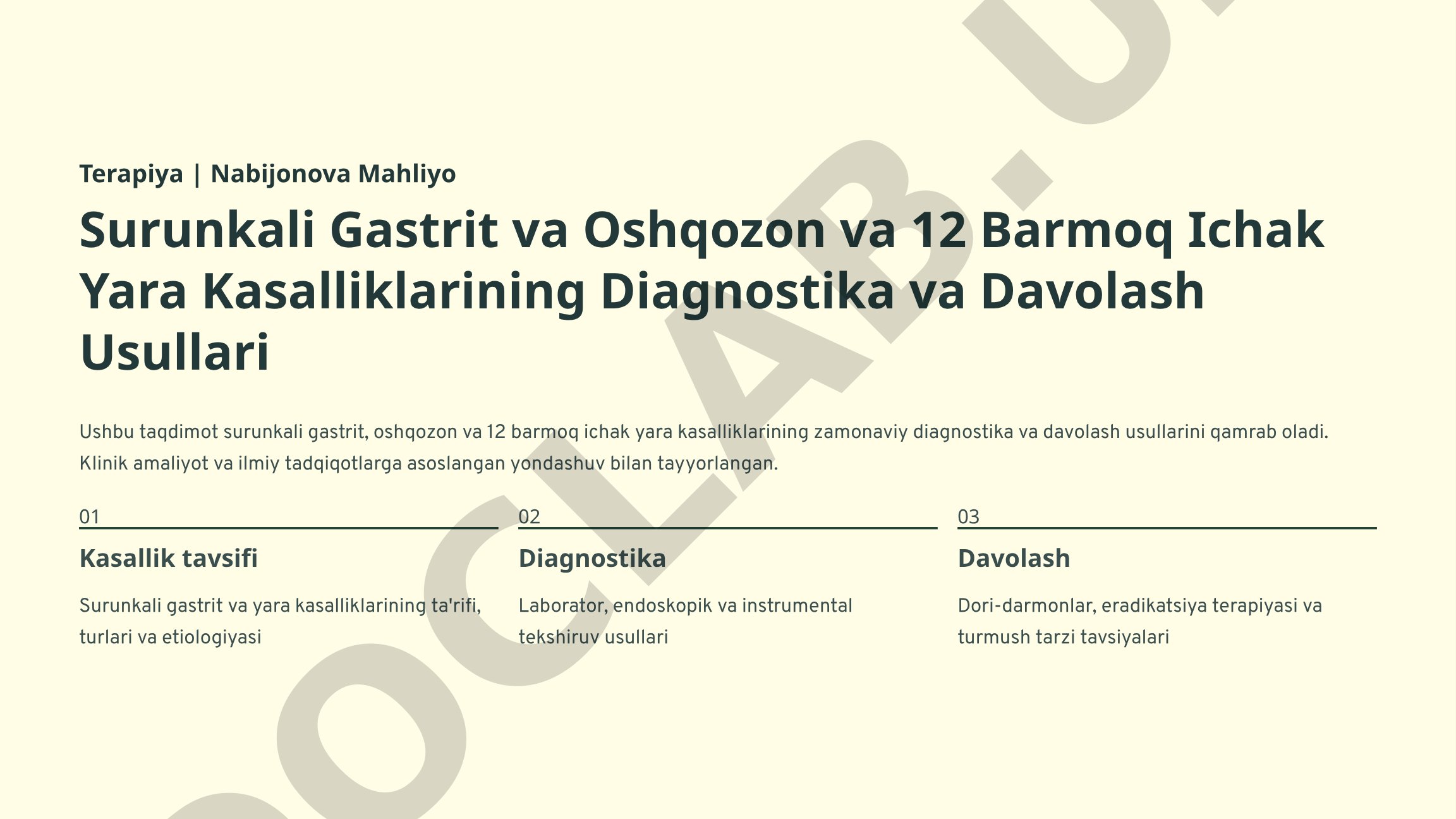 Surunkali Gastrit va Oshqozon va 12 Barmoq Ichak Yara Kasalliklarining Diagnostika va Davolash Usullari