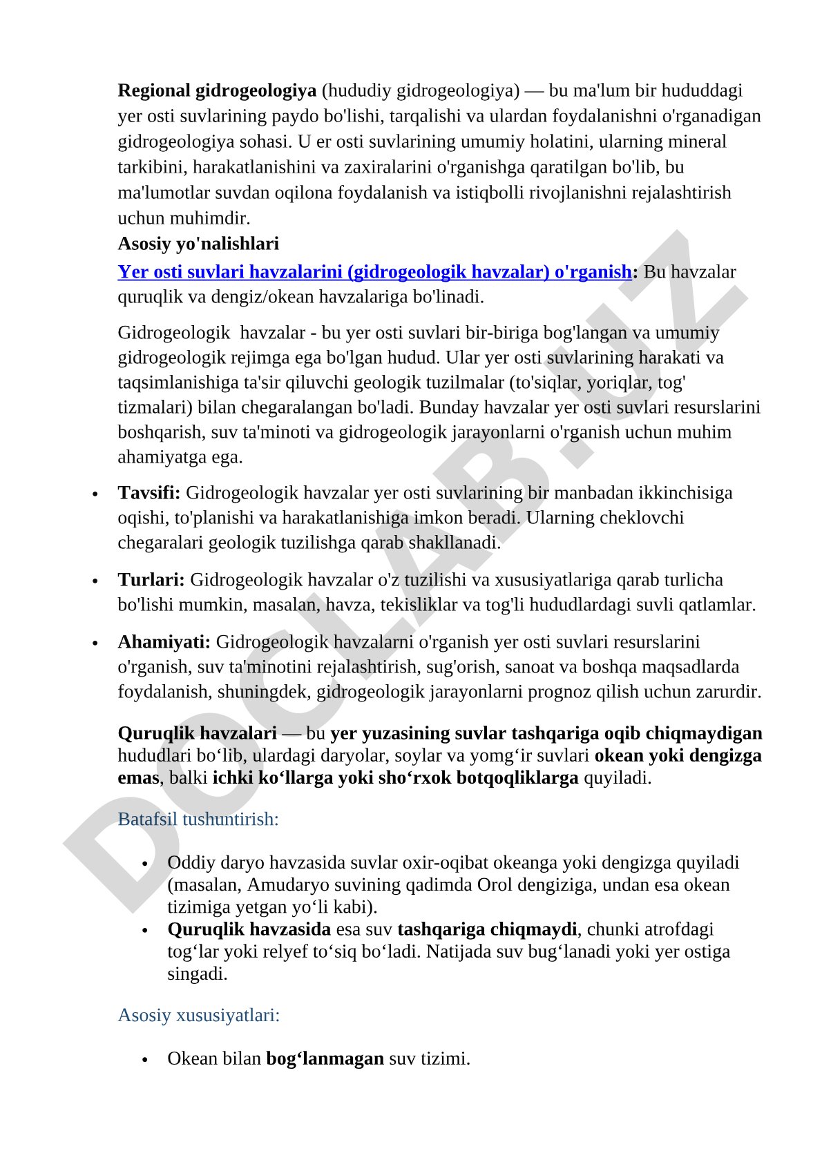 Asosiy yo'nalishlari Yer osti suvlari havzalarini (gidrogeologik havzalar) o'rganish: Bu havzalar qu
