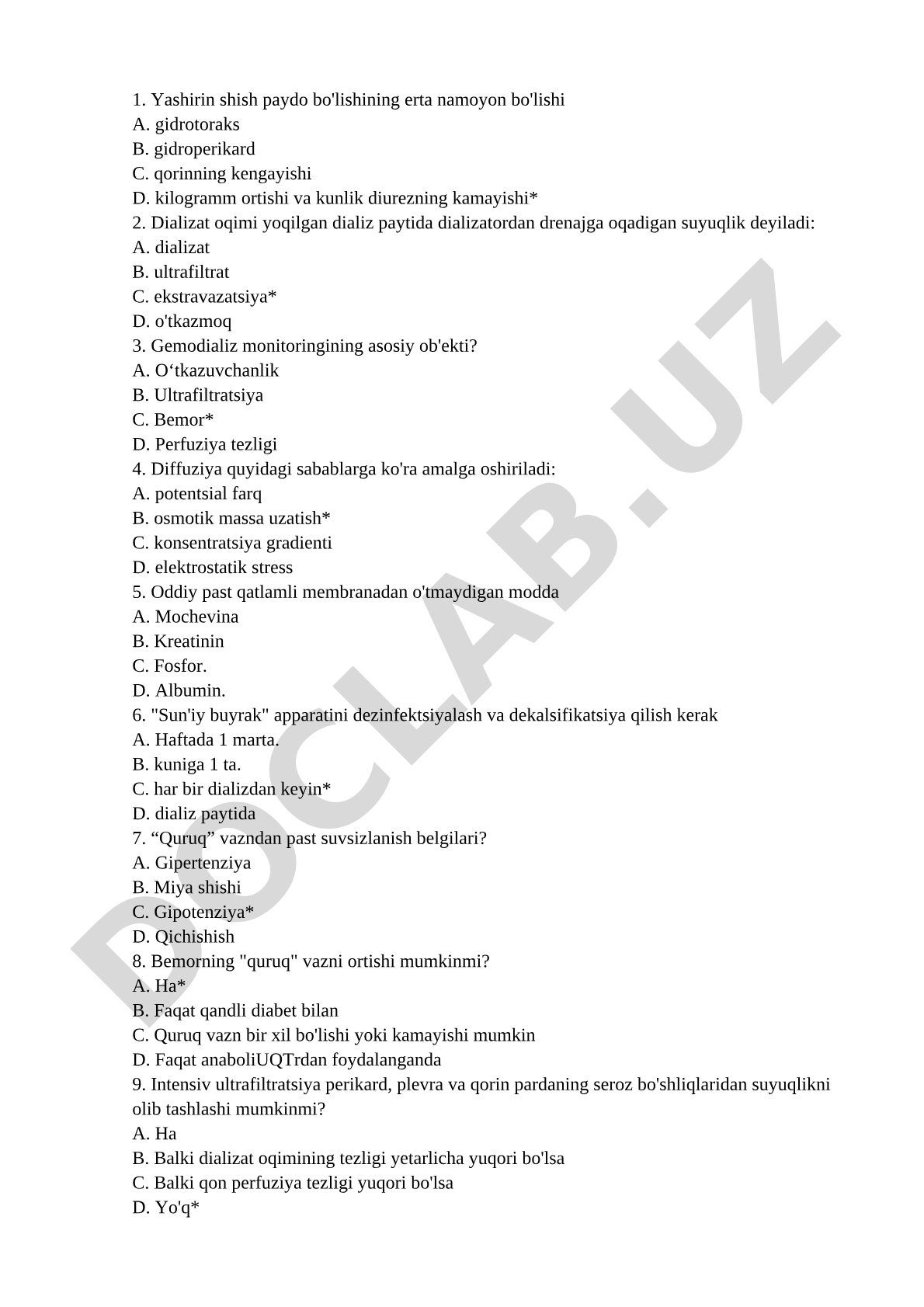 Gemodializ va peritoneal dializ bo'yicha test savollari