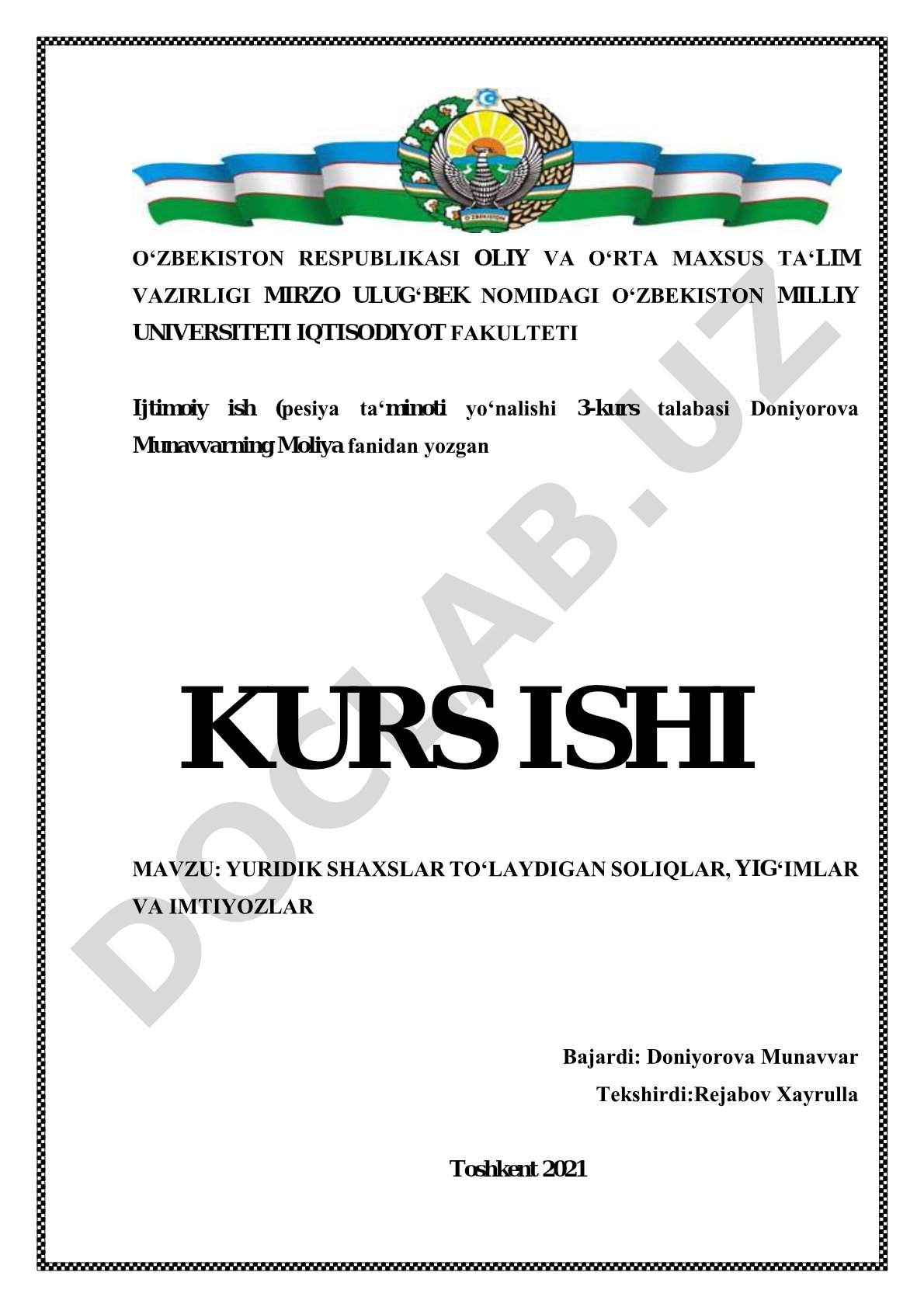 YURIDIK SHАXSLАR TO‘LАYDIGАN SOLIQLАR, YIG‘IMLАR VА IMTIYOZLАR
