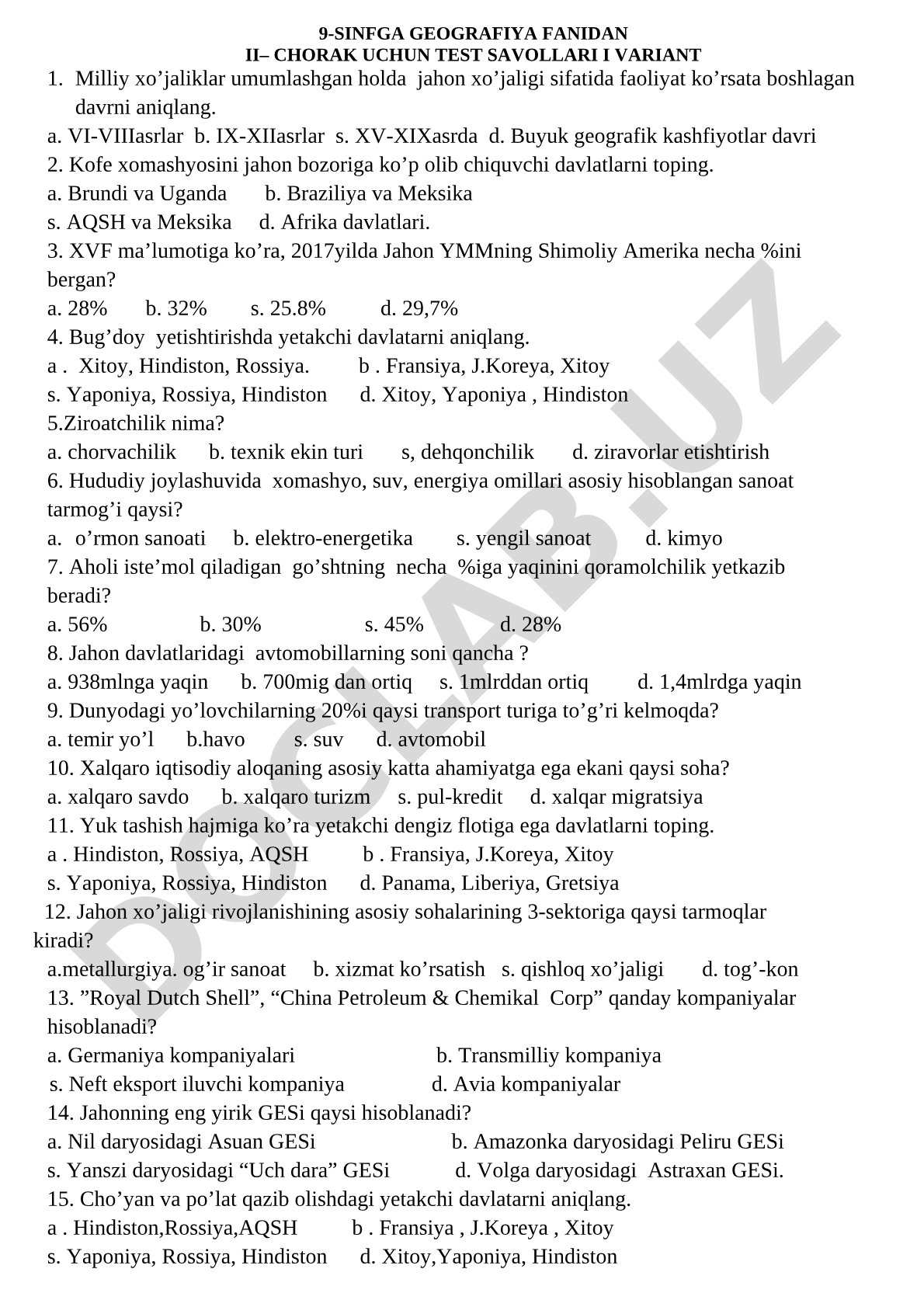 9-SINFGA GEOGRAFIYA FANIDAN II– CHORAK UCHUN TEST SAVOLLARI I VARIANT