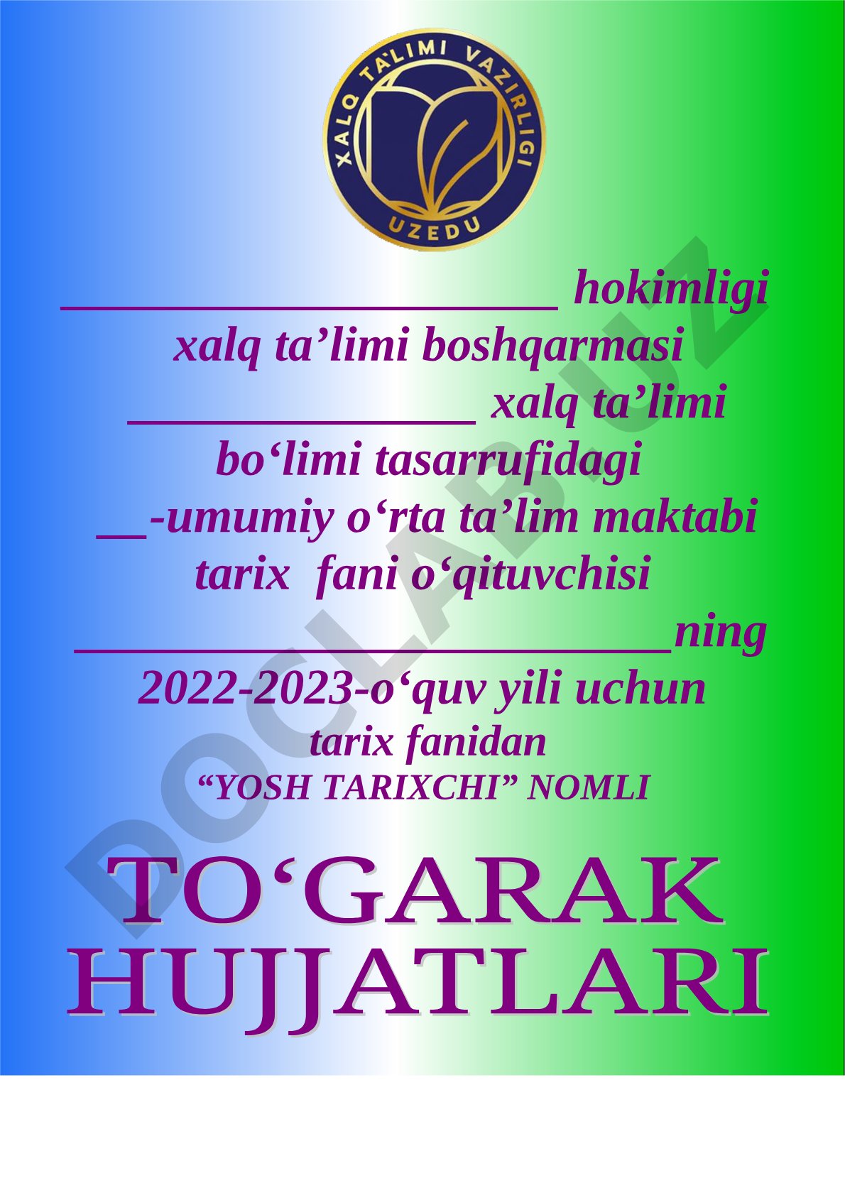 Yosh tarixchi to'garagi ish rejasi