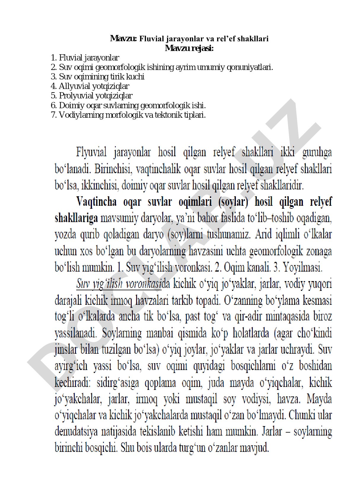 Fluvial jarayonlar va rel’ef shakllari
