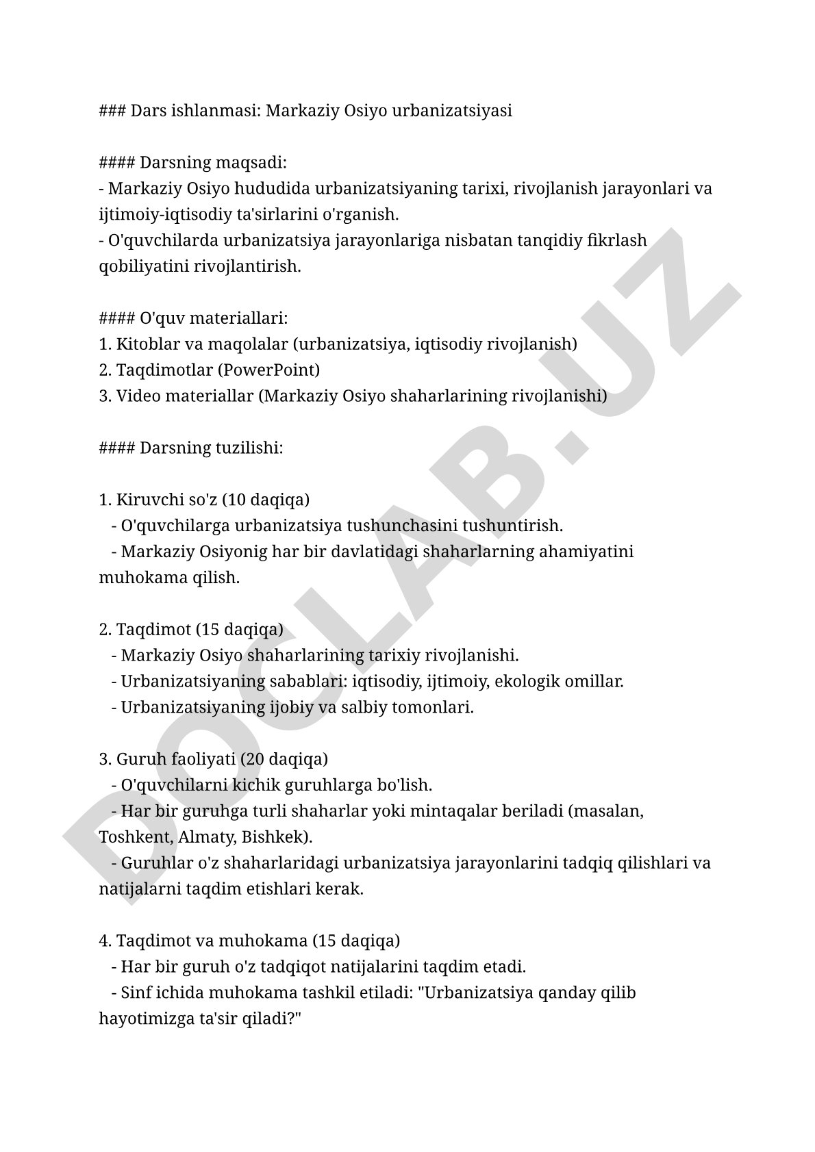 Markaziy Osiyo urbanizatsiyasi mavzusida dars rejasi: tarix, sabablar, guruh faoliyati